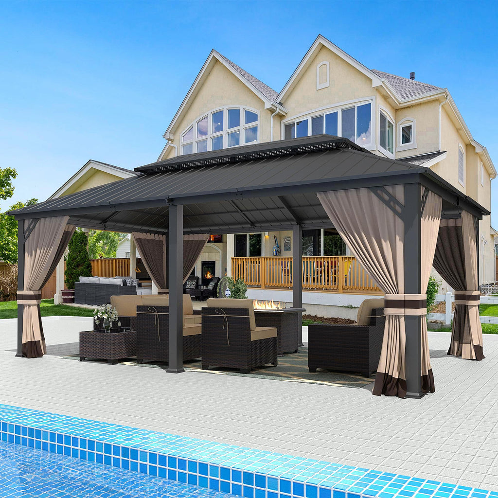 Gotland 12' x 20' Hardtop Gazebo, Outdoor Galvanized Steel Double-Roof Gazebo with Curtains and Netting for Patios, Gardens, and Lawns