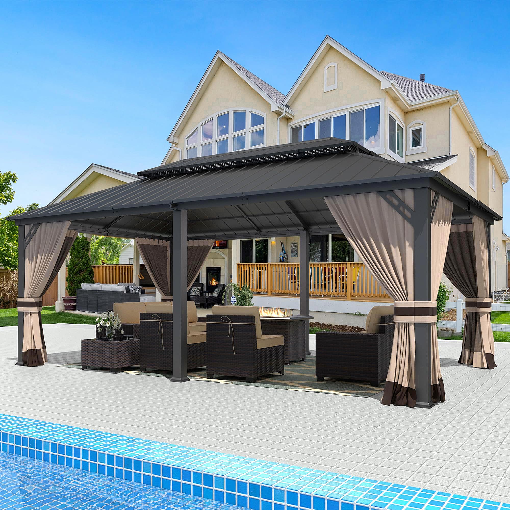 Gotland 12' x 20' Hardtop Gazebo, Outdoor Galvanized Steel Double-Roof Gazebo with Curtains and Netting for Patios, Gardens, and Lawns