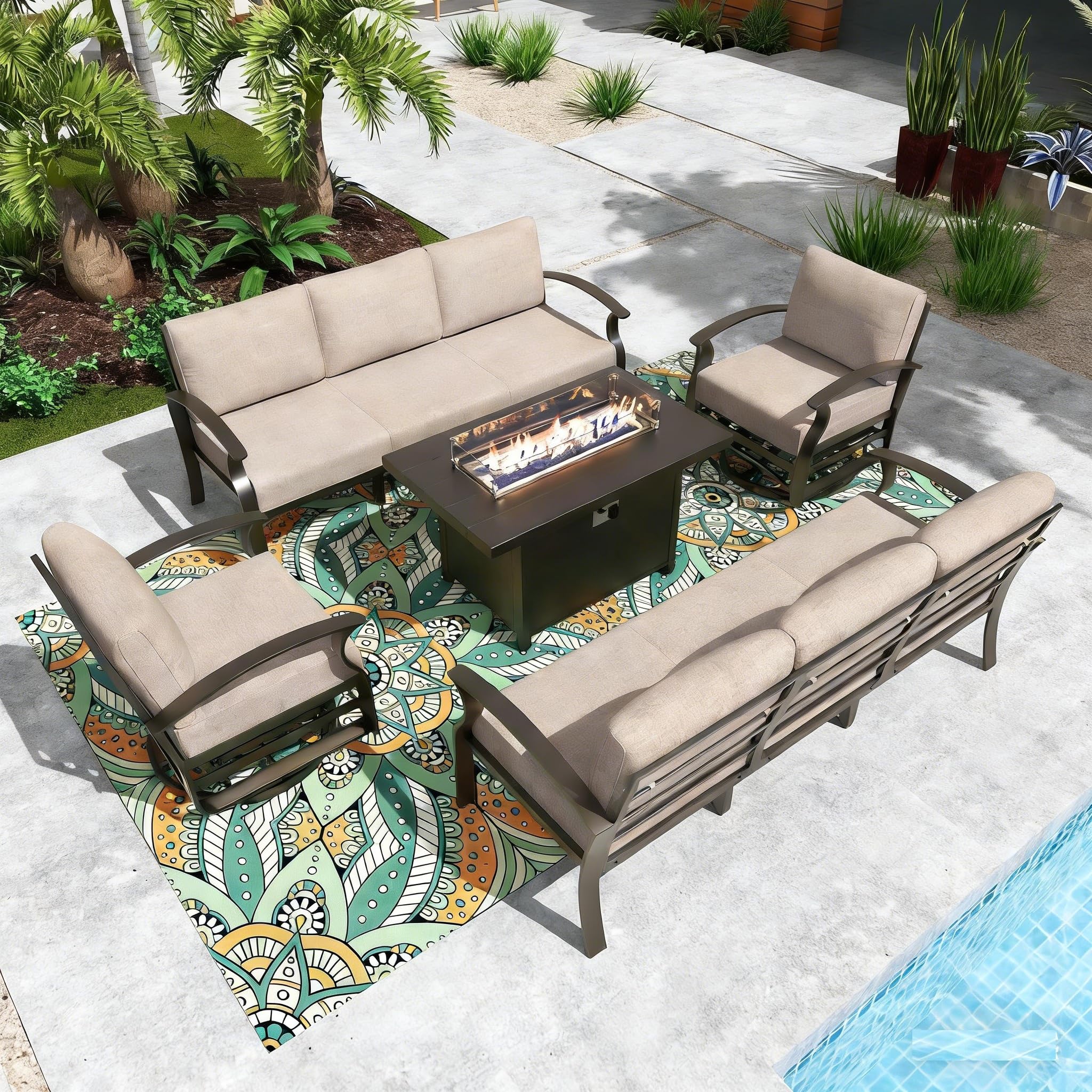Gotland 8 Seats Outdoor Metal Patio Furniture Set with 2 Swivel Rocking Chairs&55,000 BTU Gas Fire Pit Table w/Glass Wind Guard Patio Conversation Sectional Sofa Sets