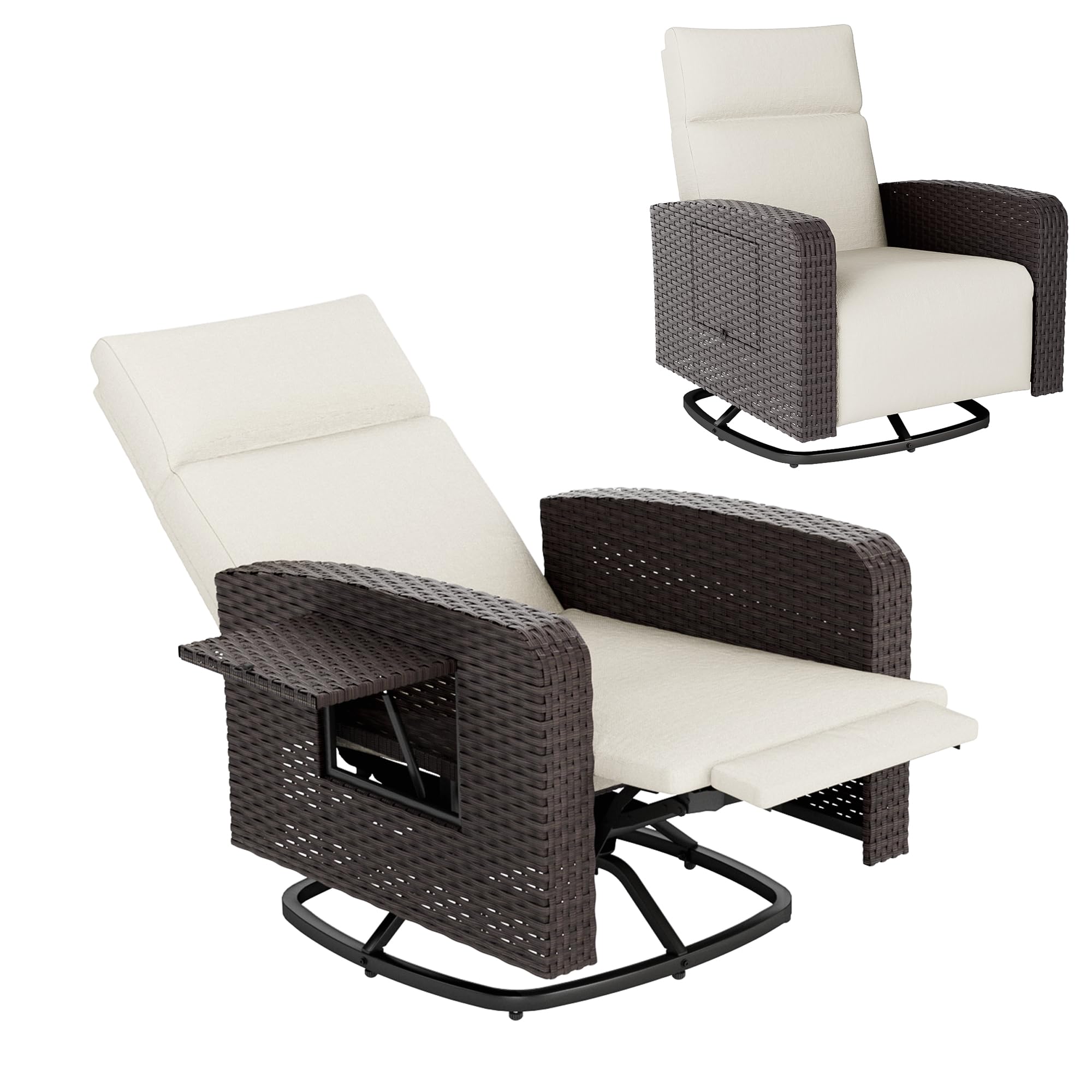 ALAULM Outdoor Swivel Recliner Chair,Dual-Adjust Outdoor Patio Chairs with Adjustable Backrest and Footrest,Wicker Patio Chair with Flip-Up Table for Living Rooms,Pools,Balconies, patios,courtyards