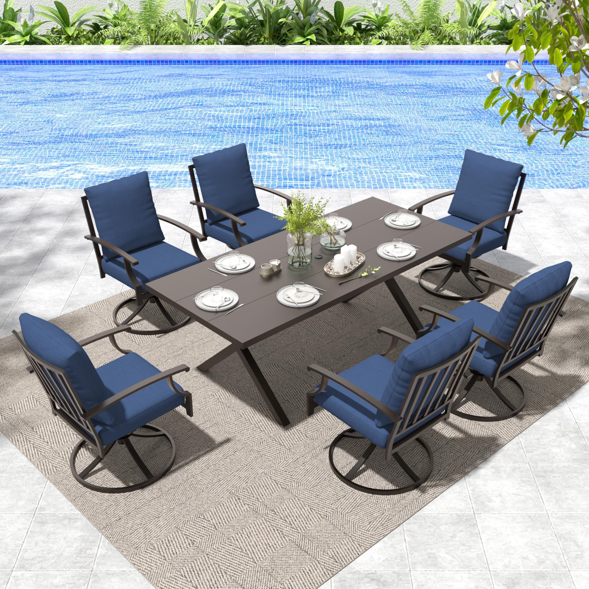 Gotland 7 Piece Outdoor Dining Set, Meta Swivel Chairs and Outdoor Table with X-Shaped Leg 1.5" Umbrella Hole, Patio Furniture Set for Backyard Deck