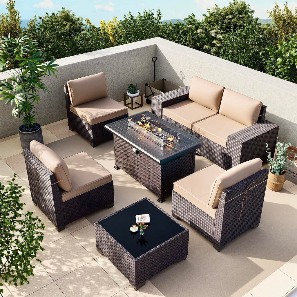 Gotland Outdoor Patio Furniture Set with 43" Propane Fire Pit Table, 7 Pieces Outdoor Furniture Patio Sectional Sofa Conversation Sets