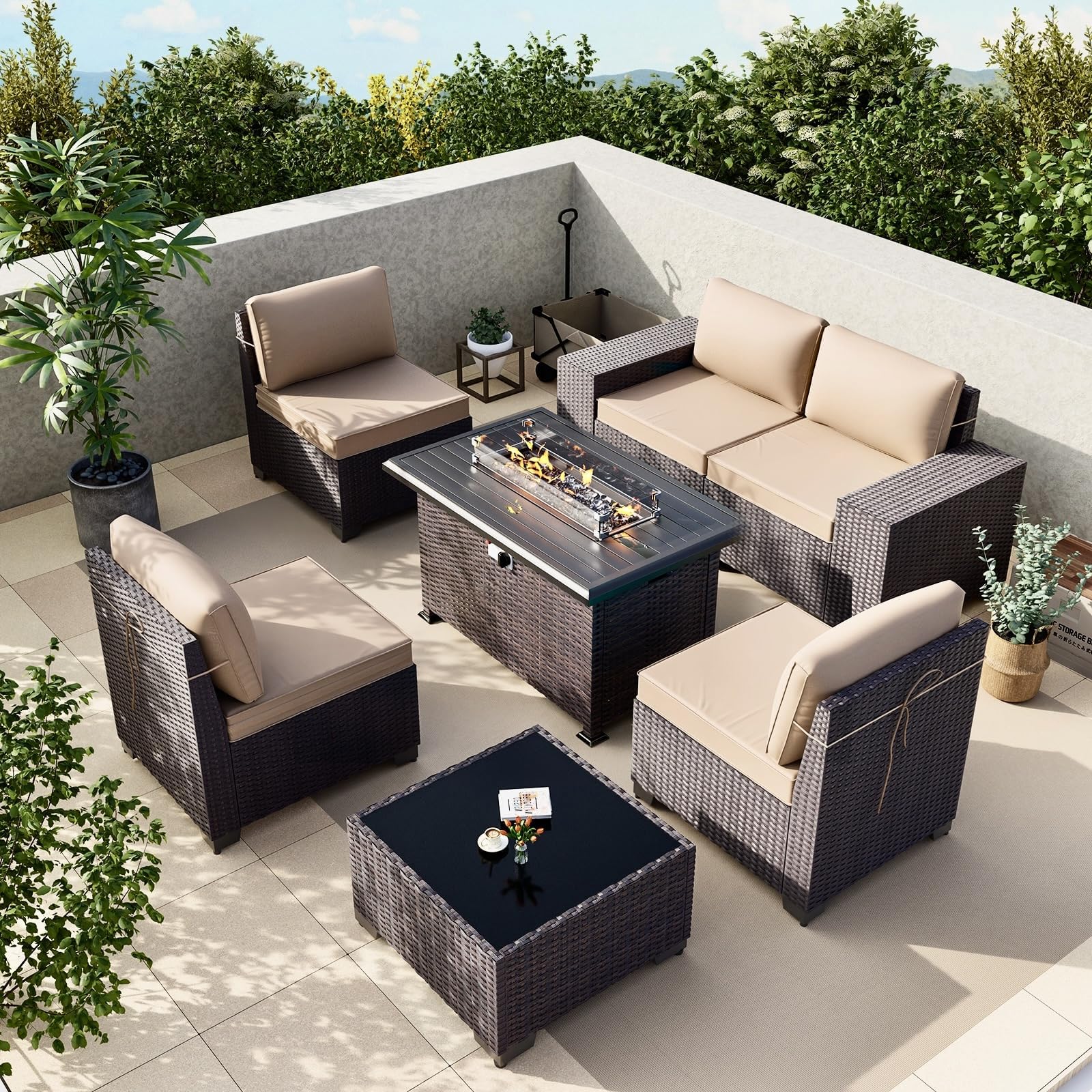 Gotland Outdoor Patio Furniture Set with 43" Propane Fire Pit Table, 7 Pieces Outdoor Furniture Patio Sectional Sofa Conversation Sets