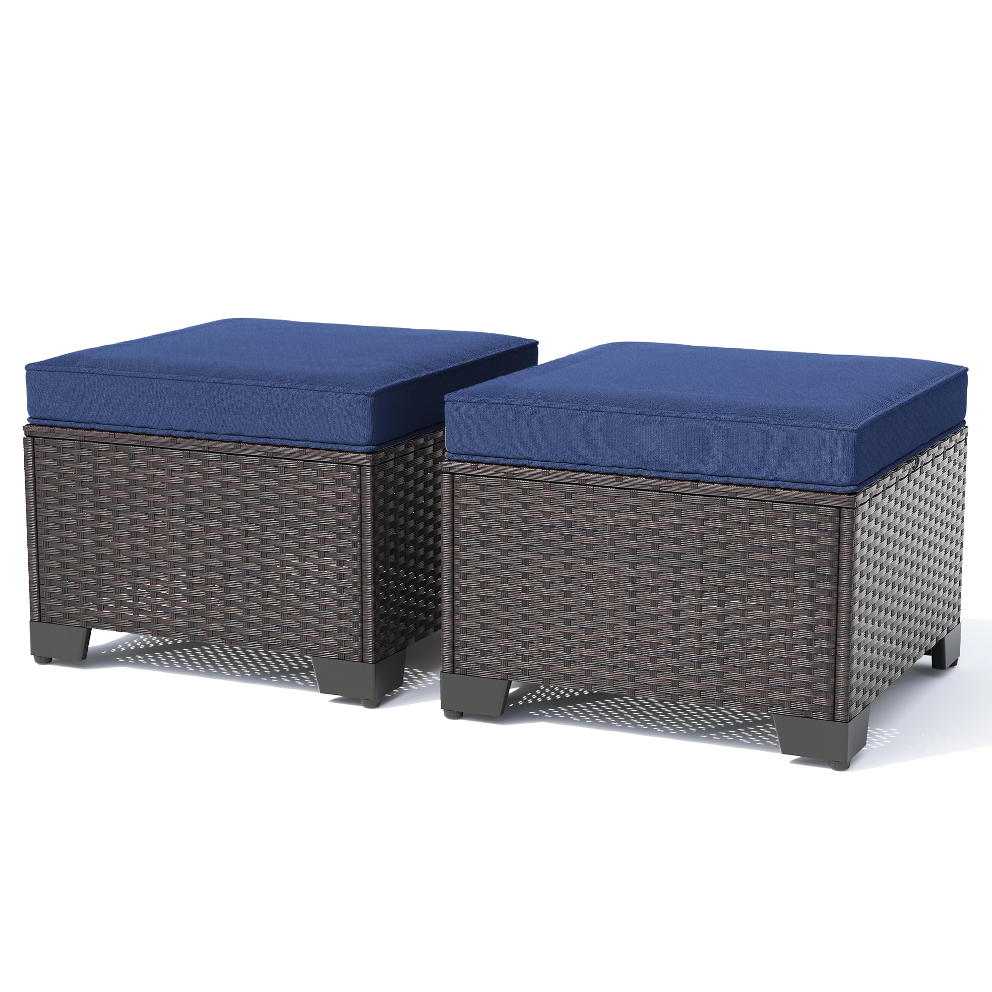 Gotland 2 Pieces All Weather PE Rattan Outdoor Ottoman Foot Stool with Thick Removable Navy Cushion for Backyard, Deck, Porch & Poolside