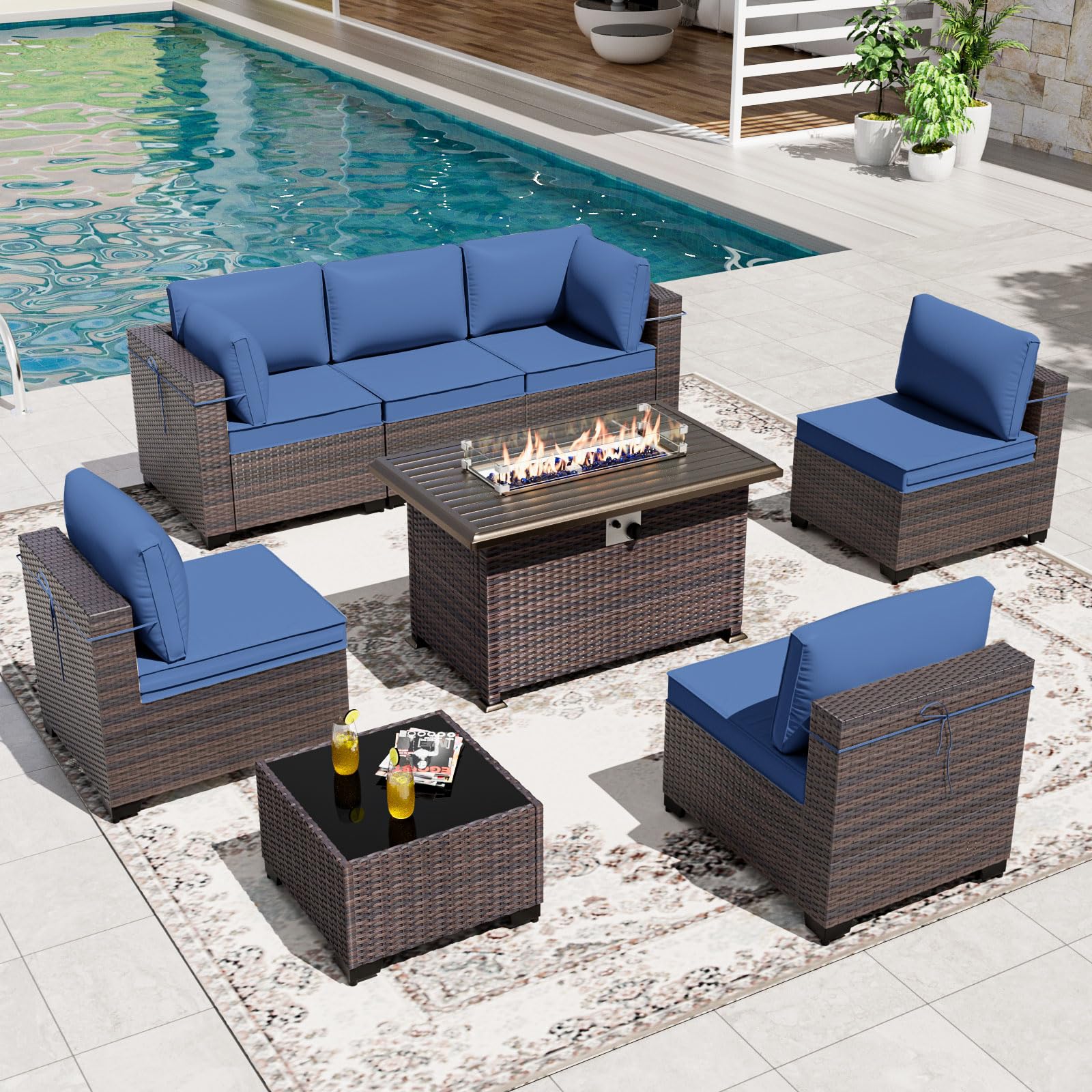 Gotland 8 Pieces Outdoor Patio Furniture Set with 43" Propane Fire Pit Table, PE Rattan Patio Conversation Set