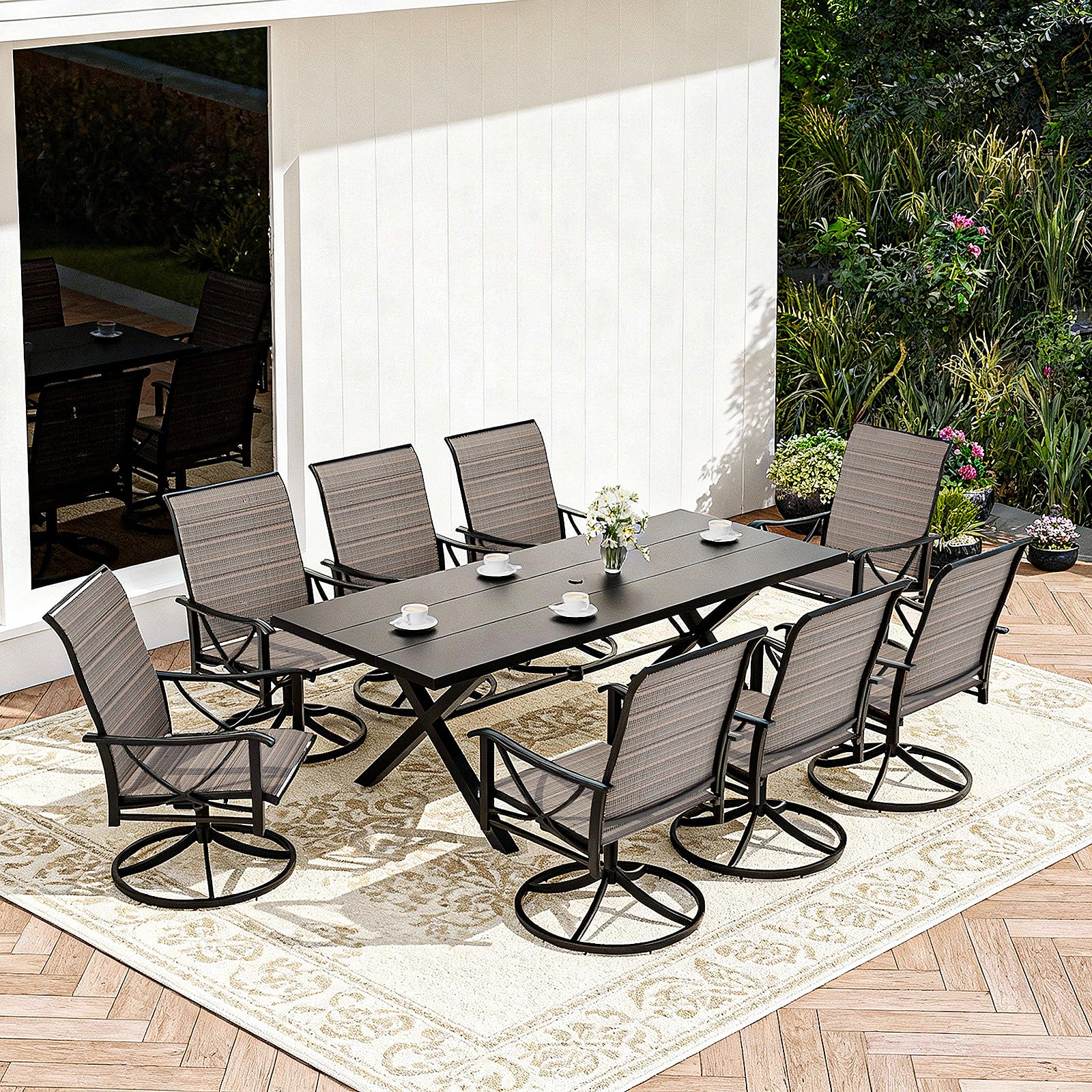 Gotland 7-Piece Patio Swivel Dining Set, Outdoor Chairs with Breathable Teslin Seat & Backrest, 360° Swivel Metal Frame Chairs, X-Leg Metal Table, Patio Dining Set for Garden Backyard,Brown