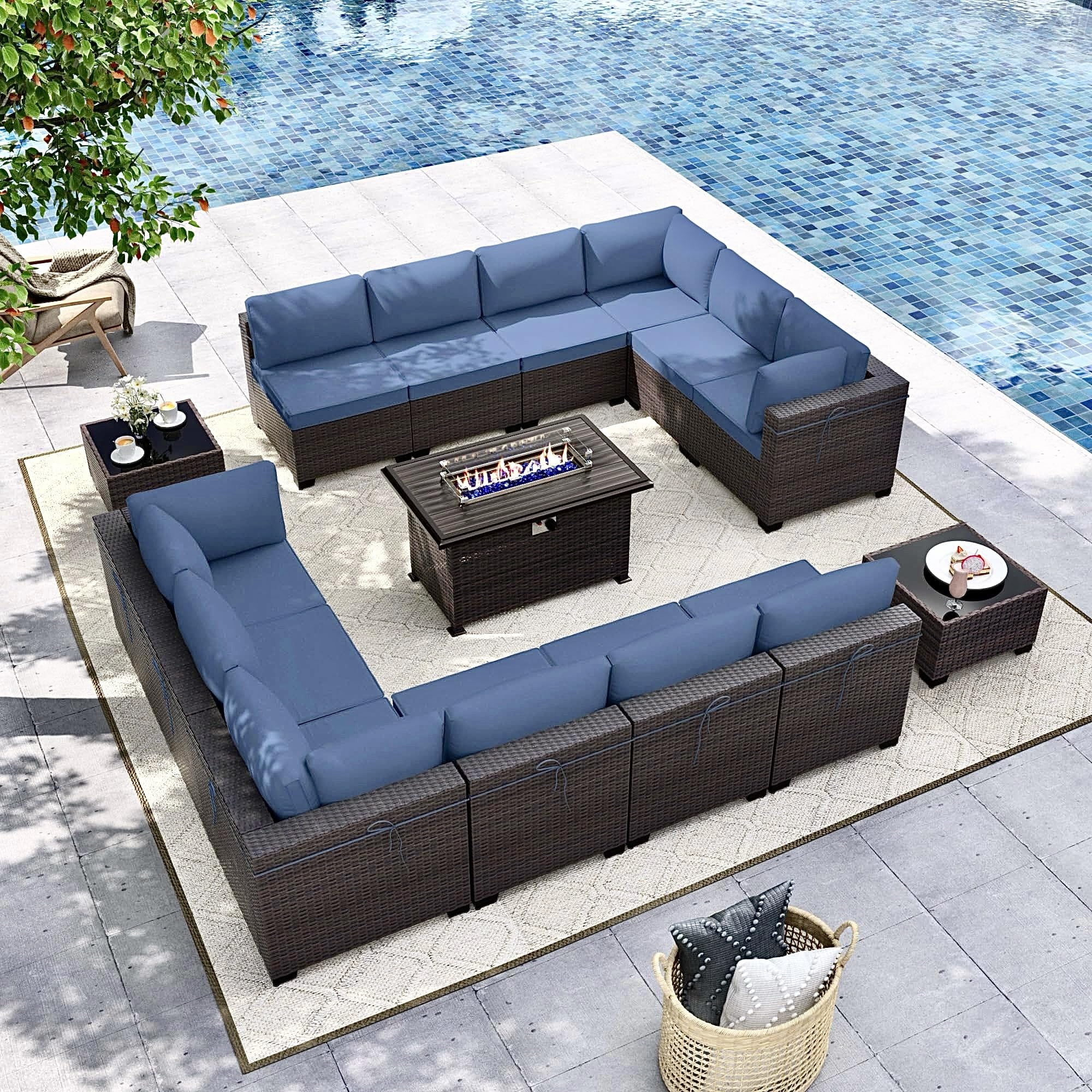 Gotland 15 Pieces Outdoor Patio Furniture Set with Propane Fire Pit Table Outdoor Sectional Sofa