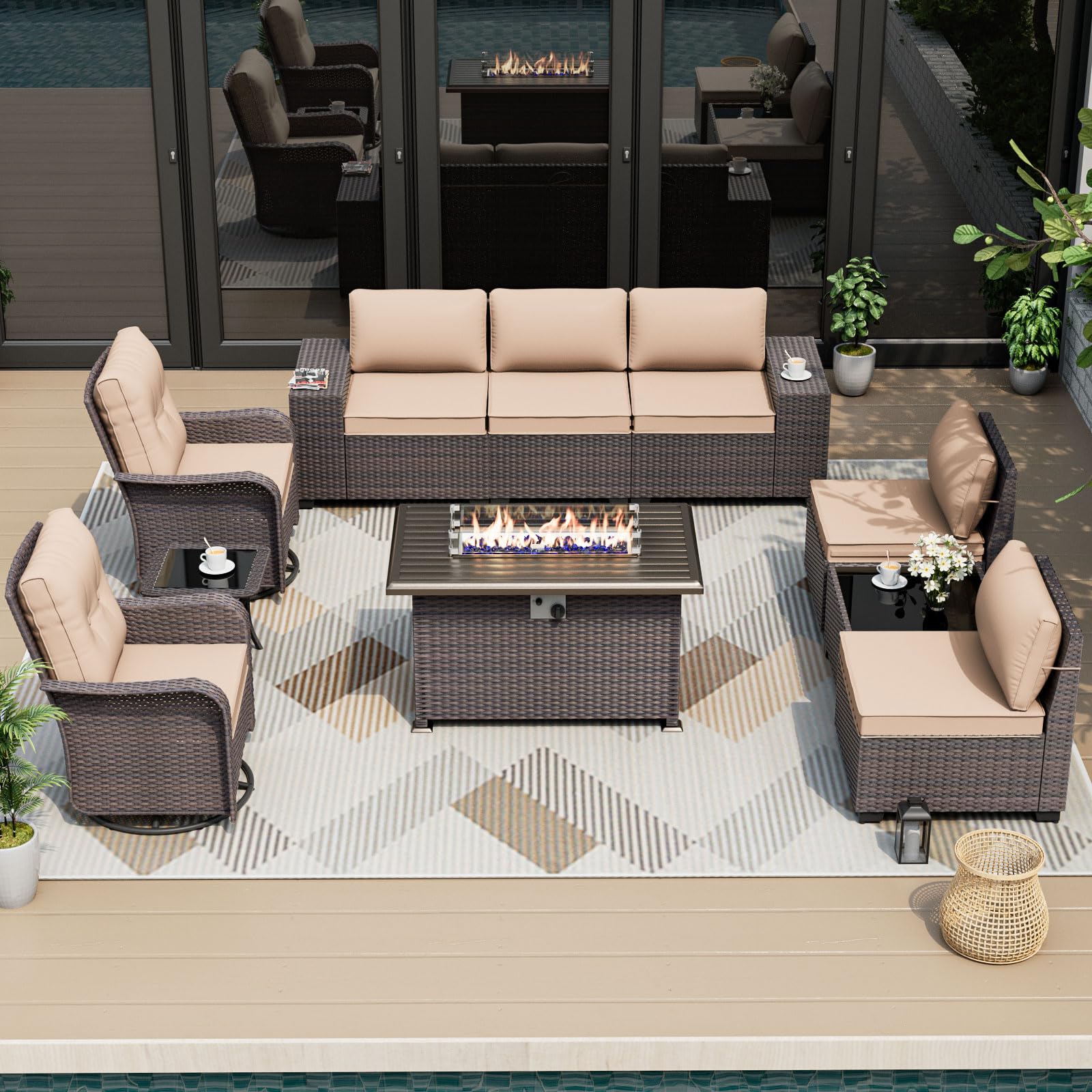 10PCS Outdoor Patio Furniture Set,PE Wicker Rattan Sectional Sofa Patio Conversation Sets with 43" 55000BTU Gas Propane Fire Pit Table,Swivel Rocking Chairs Set