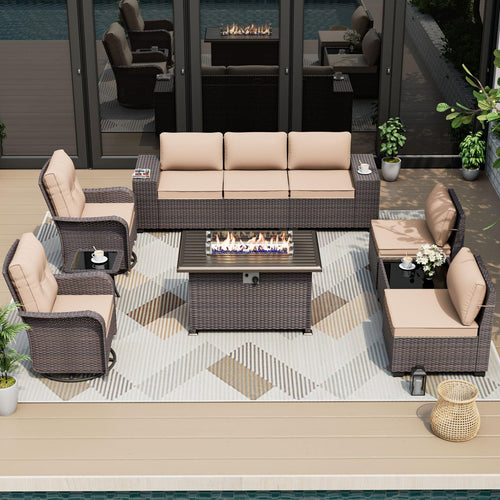 10PCS Outdoor Patio Furniture Set,PE Wicker Rattan Sectional Sofa Patio Conversation Sets with 43" 55000BTU Gas Propane Fire Pit Table,Swivel Rocking Chairs Set
