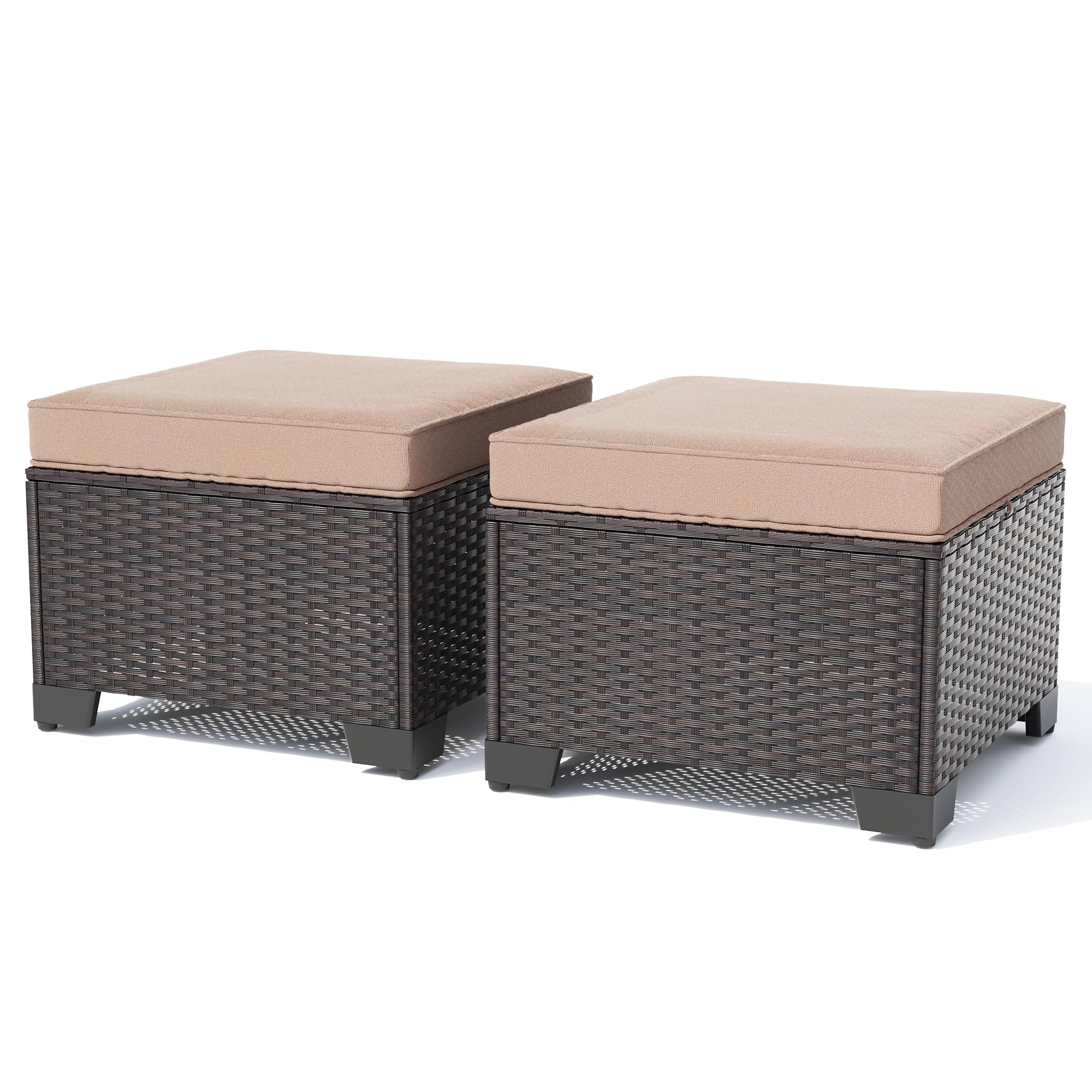 Gotland 2 Pieces All Weather PE Rattan Outdoor Ottoman Foot Stool with Thick Removable Navy Cushion for Backyard, Deck, Porch & Poolside