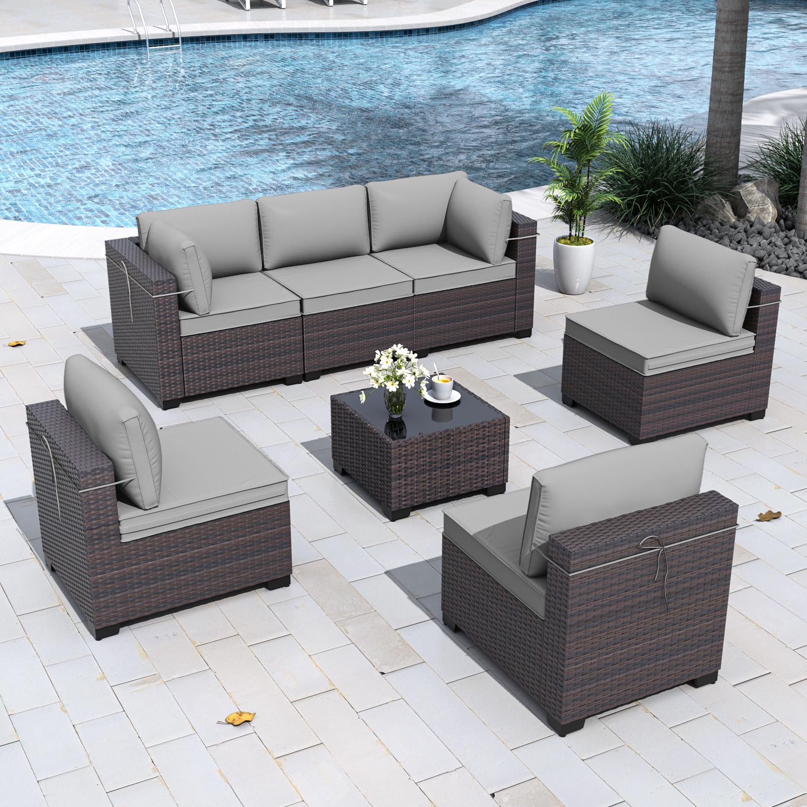 Gotland 7 Piece Outdoor Patio Furniture Sets, Outdoor Furniture Patio Sectional Sofa, All Weather Woven Wicker Patio Sofa Brown PE Rattan Patio Conversation Set
