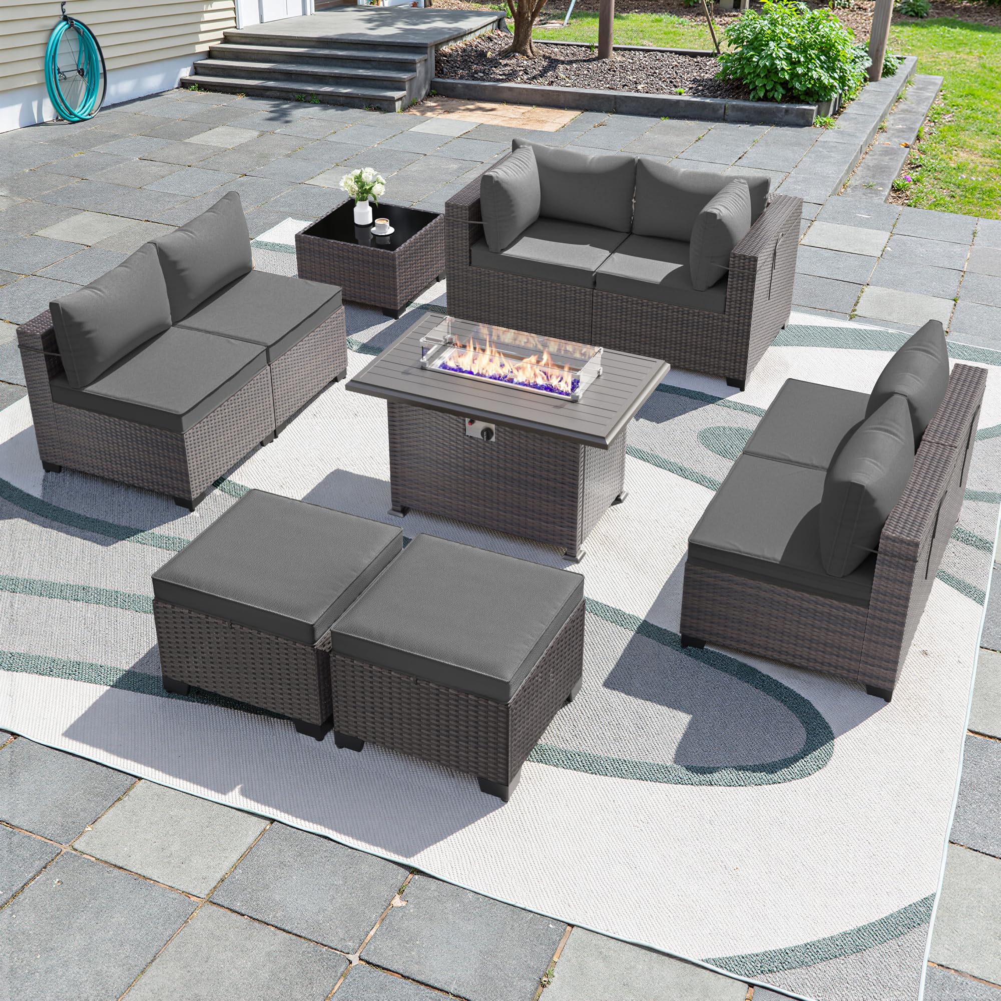 Gotland 10 Pieces Outdoor Patio Furniture Set, Outdoor Sectional Furniture with 43" 55000 BTU Gas Propane Fire Pit Table, All Weather PE Rattan Wicker Patio Conversation Set with 2 Ottomans