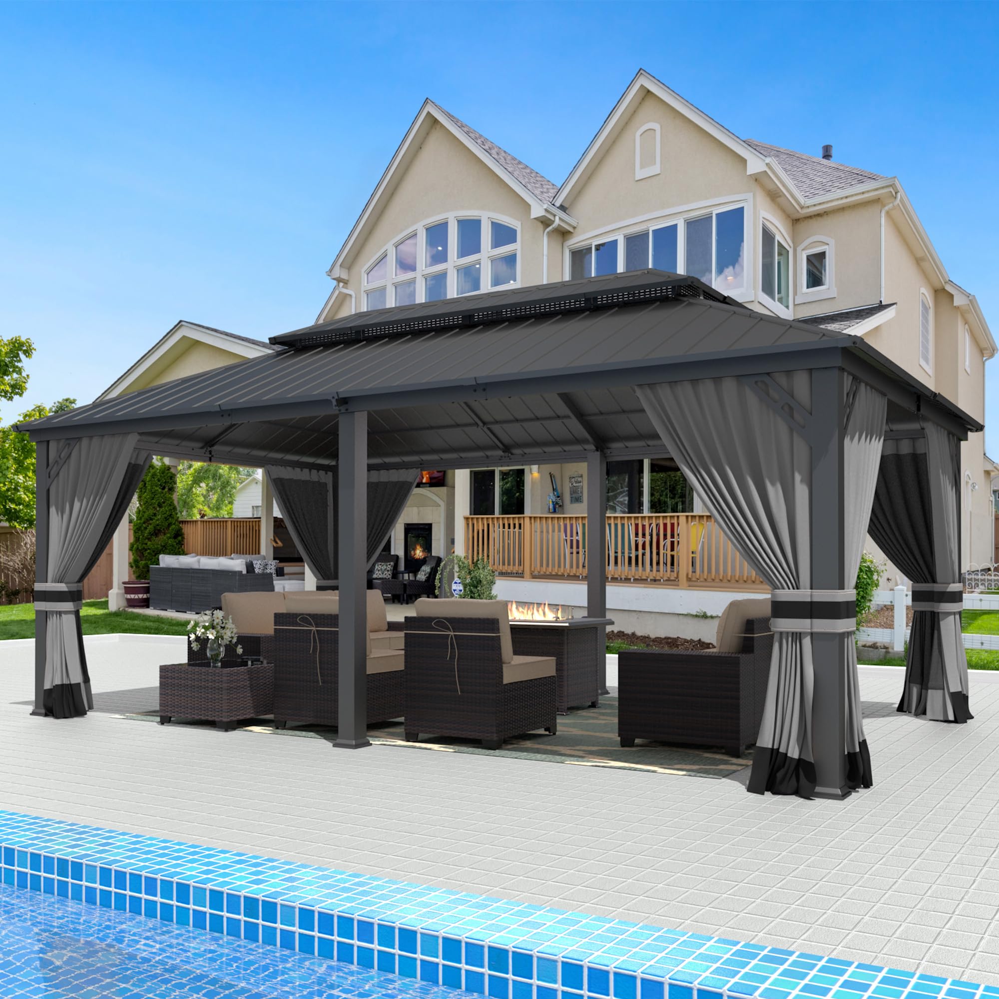 Gotland 12' x 20' Hardtop Gazebo, Outdoor Galvanized Steel Double-Roof Gazebo with Curtains and Netting for Patios, Gardens, and Lawns