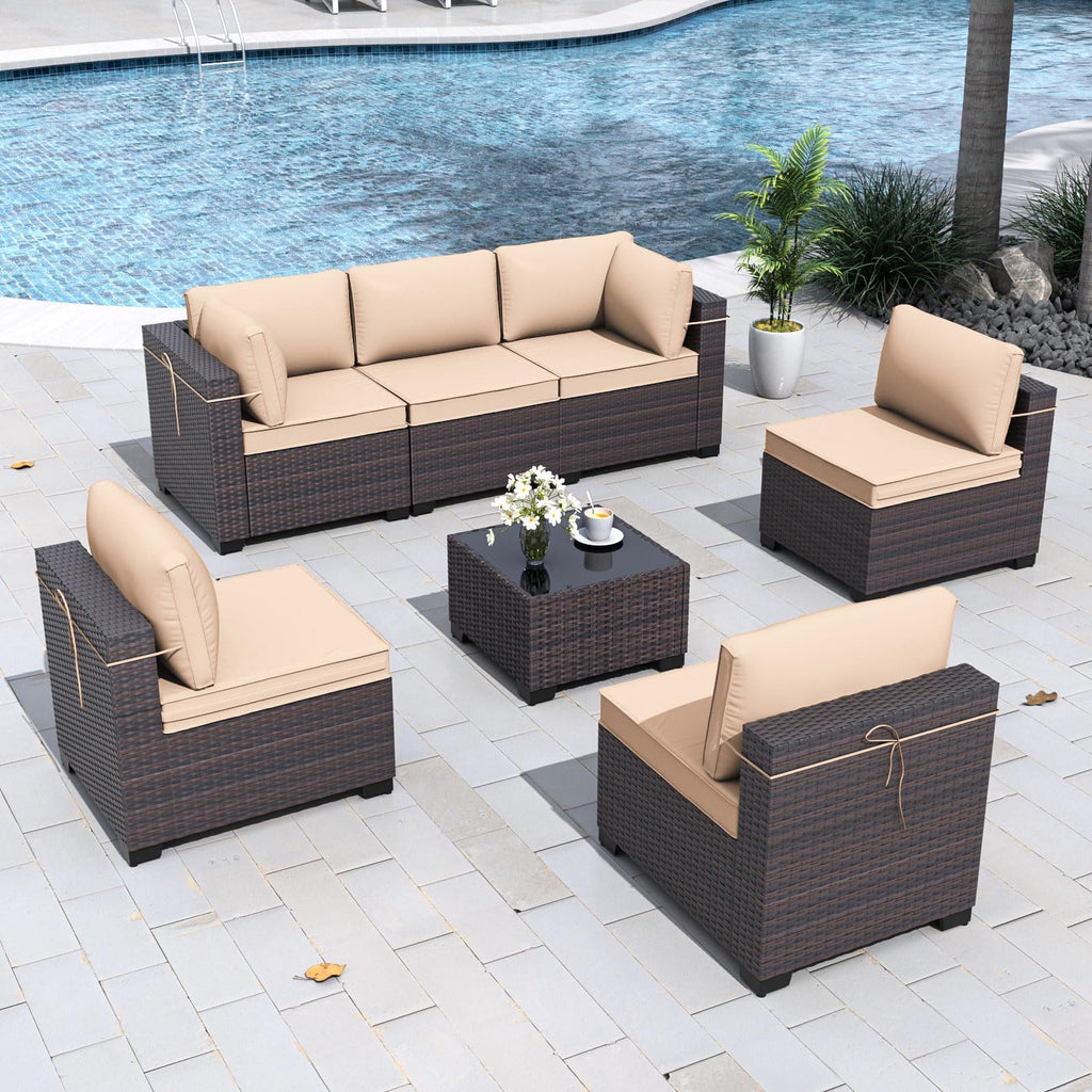 Gotland 7 Piece Outdoor Patio Furniture Sets, Outdoor Furniture Patio Sectional Sofa, All Weather Woven Wicker Patio Sofa Brown PE Rattan Patio Conversation Set