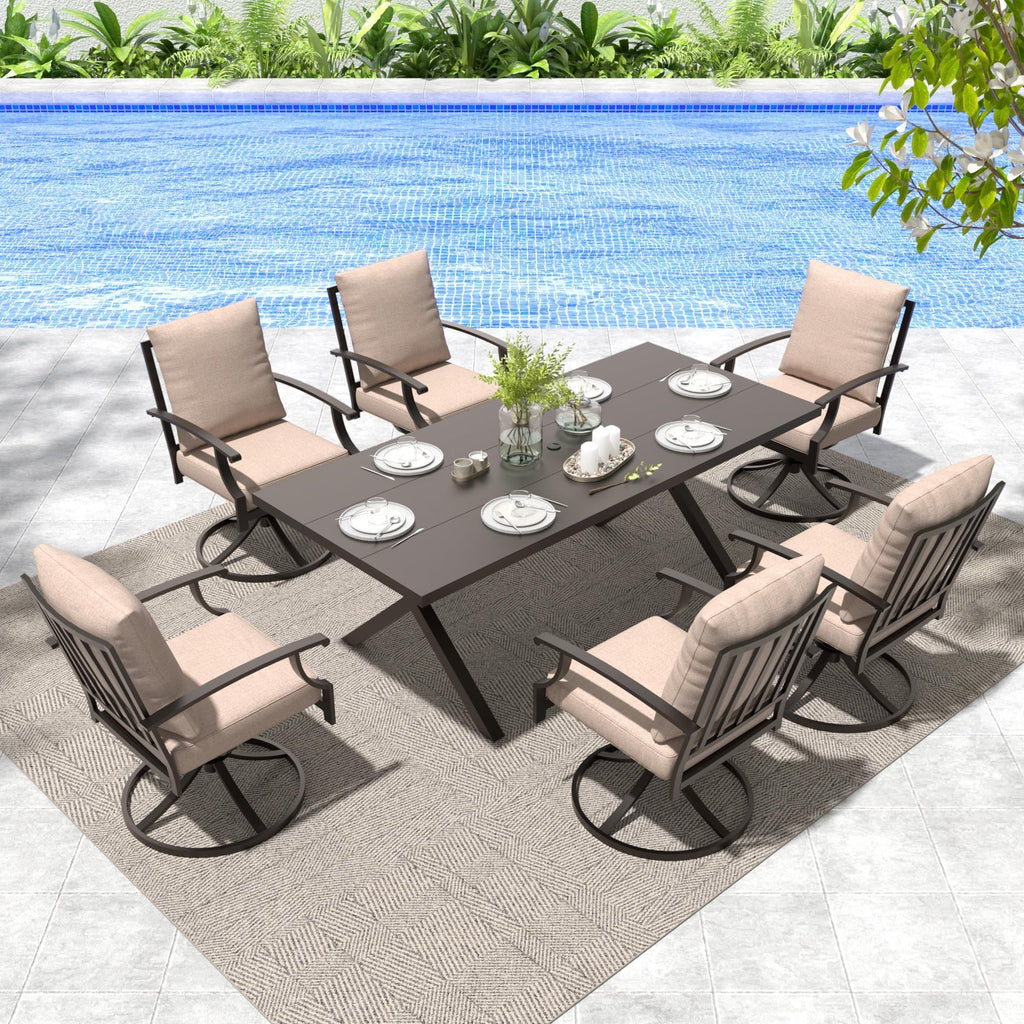 Gotland 7 Piece Outdoor Dining Set, Meta Swivel Chairs and Outdoor Table with X-Shaped Leg 1.5" Umbrella Hole, Patio Furniture Set for Backyard Deck