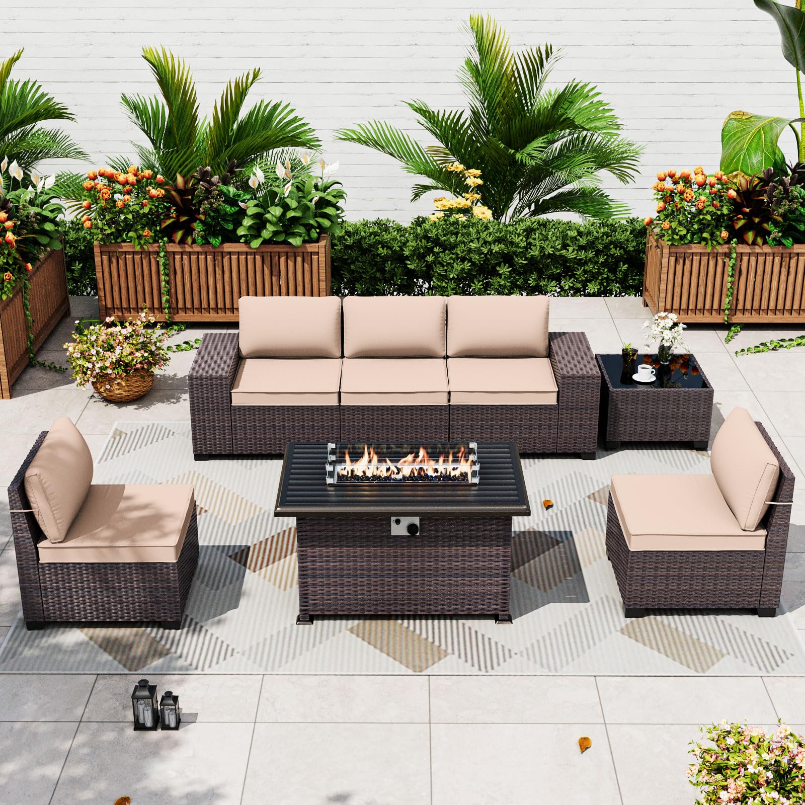 7 Pieces Outdoor Patio Furniture Set with 43" 55000BTU Gas Propane Fire Pit Table PE Wicker Rattan Sectional Sofa Patio Conversation Sets