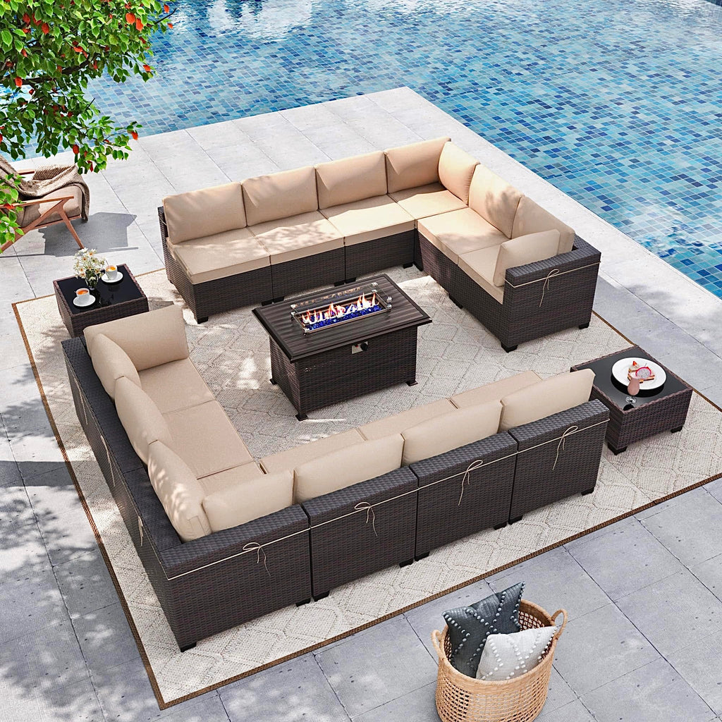 Gotland 15 Pieces Outdoor Patio Furniture Set with Propane Fire Pit Table Outdoor Sectional Sofa