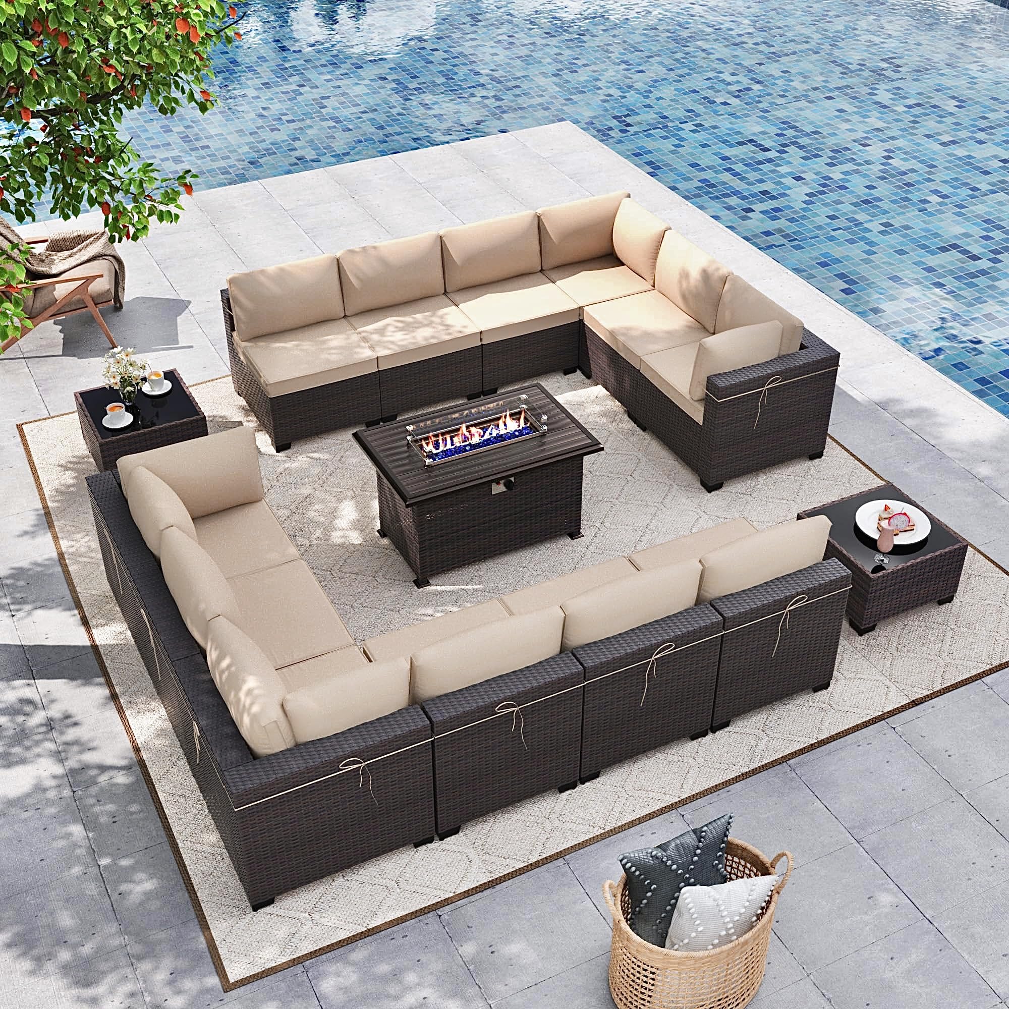 Gotland 15 Pieces Outdoor Patio Furniture Set with Propane Fire Pit Table Outdoor Sectional Sofa