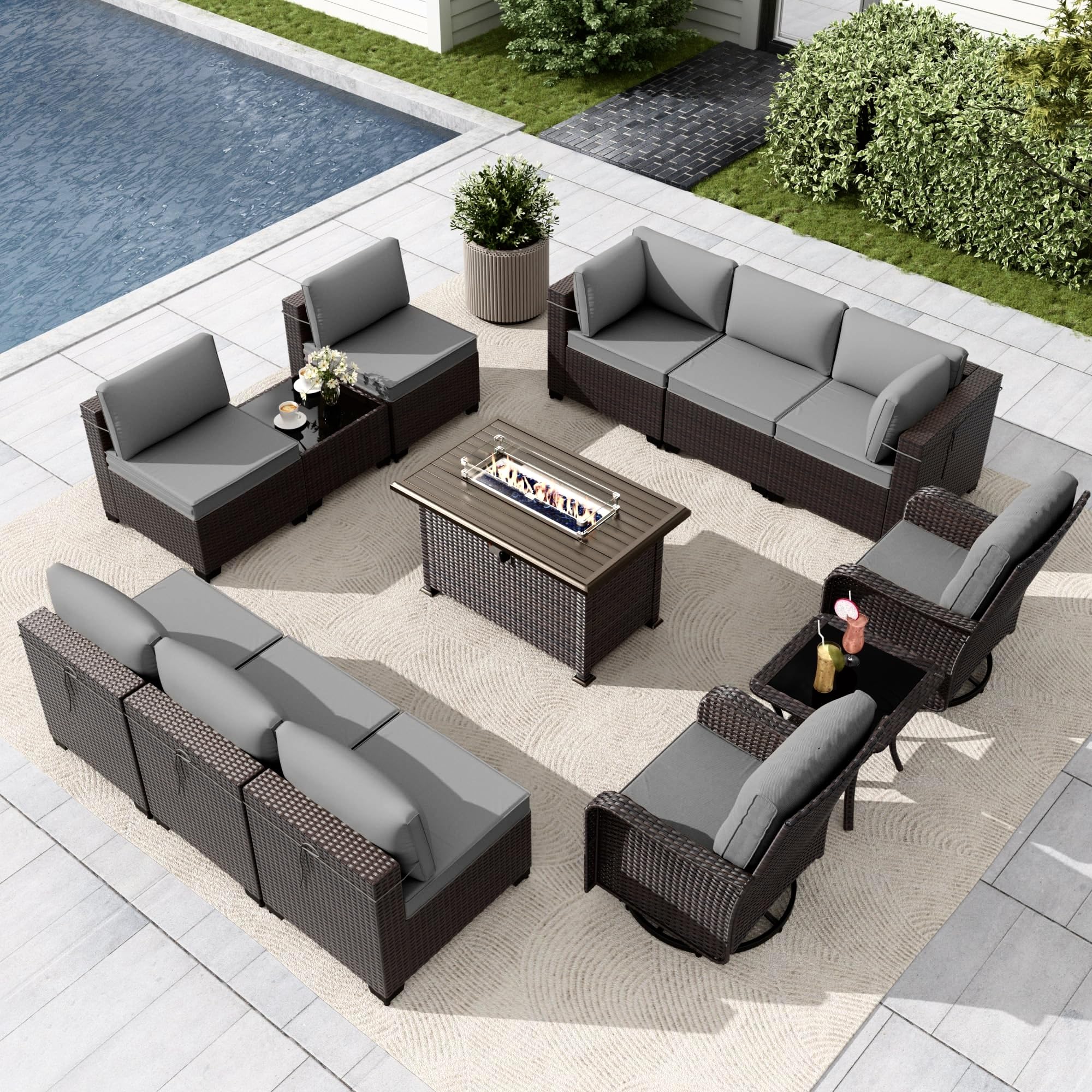 Gotland 13PCS Outdoor PE Rattan Wicker Patio Furniture Set with 43" Fire Pit Table & Swivel Rocking Chairs Set