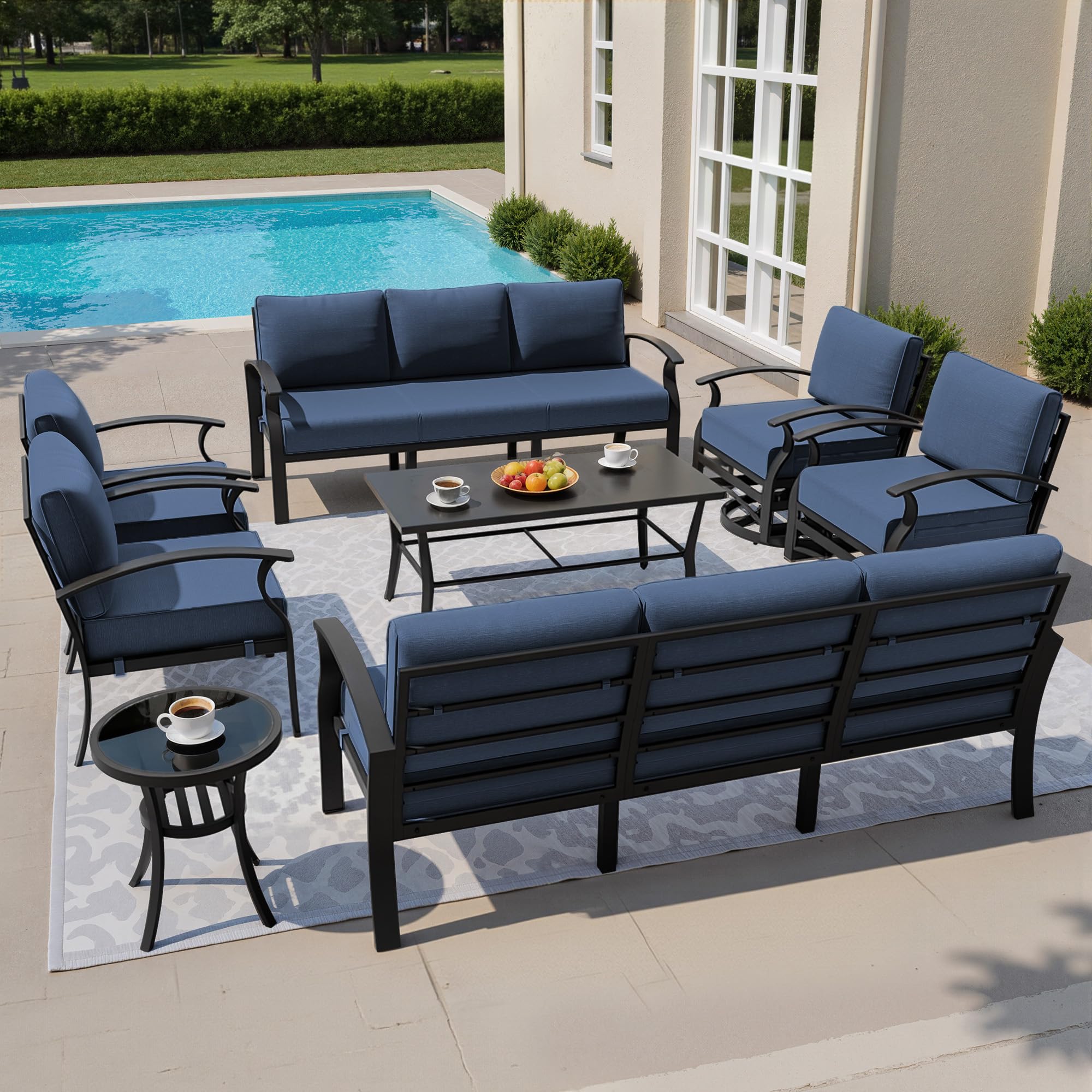 Gotland 10 PieceAluminum Patio Furniture Set,Modern Metal Outdoor Patio Furniture w/5.1'' Thick Cushion,Swivel Chairs and Rectangular Coffee Table,Patio Conversation Sets for Porch,Deck