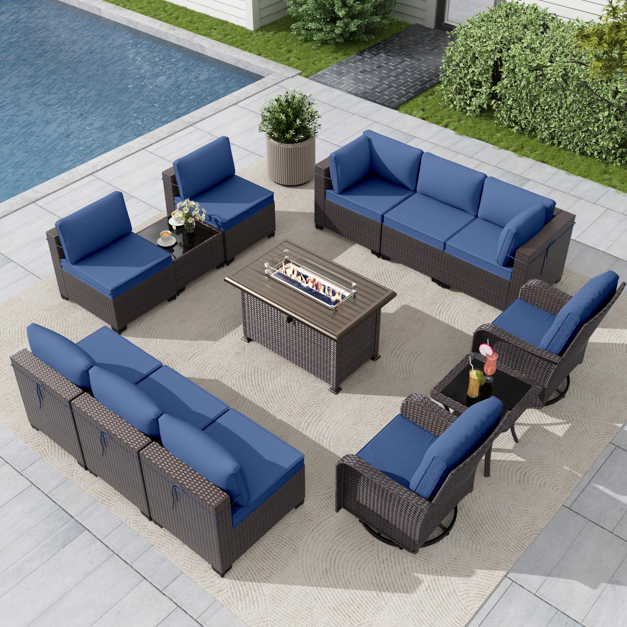 Gotland 13PCS Outdoor PE Rattan Wicker Patio Furniture Set with 43" Fire Pit Table & Swivel Rocking Chairs Set