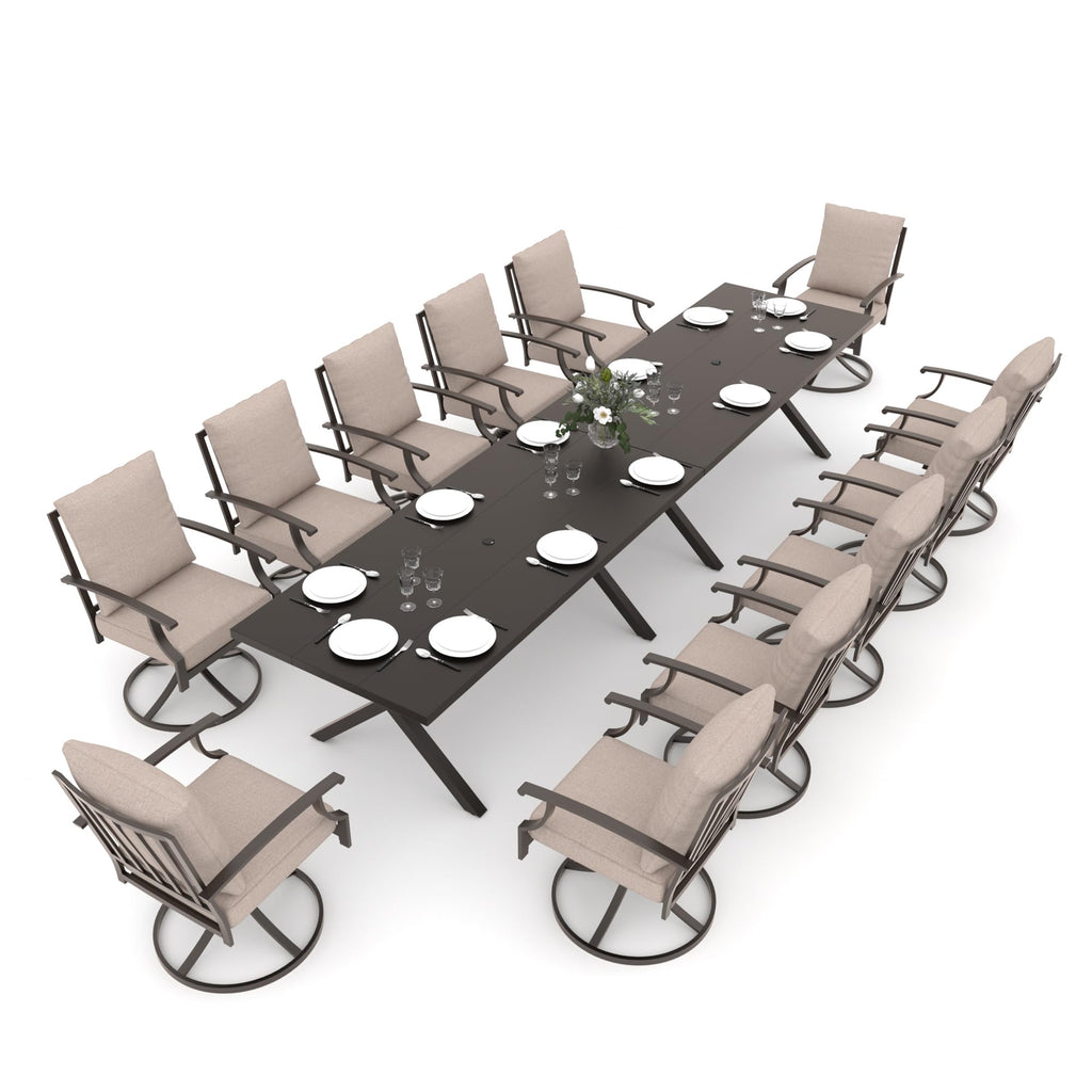 Gotland 14 Piece Outdoor Dining Set, Metal patio tables and 12 patio swivel chairs 1.5" Umbrella Hole, Patio Furniture Set with Waterproof Cushions for Backyard