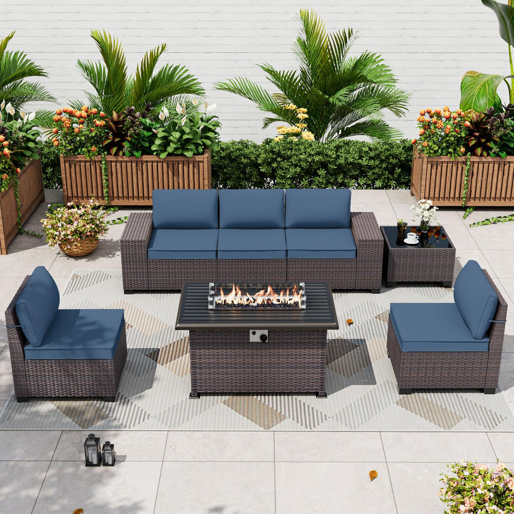 7 Pieces Outdoor Patio Furniture Set with 43" 55000BTU Gas Propane Fire Pit Table PE Wicker Rattan Sectional Sofa Patio Conversation Sets