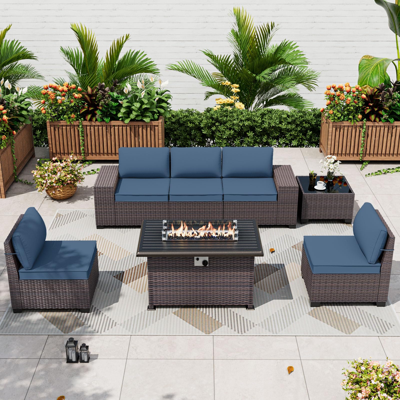 7 Pieces Outdoor Patio Furniture Set with 43" 55000BTU Gas Propane Fire Pit Table PE Wicker Rattan Sectional Sofa Patio Conversation Sets