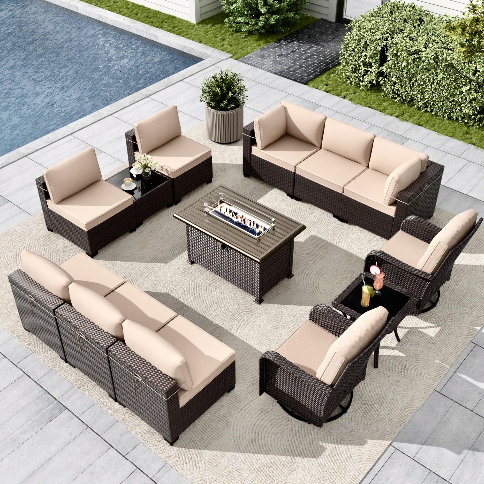 Gotland 13PCS Outdoor PE Rattan Wicker Patio Furniture Set with 43" Fire Pit Table & Swivel Rocking Chairs Set