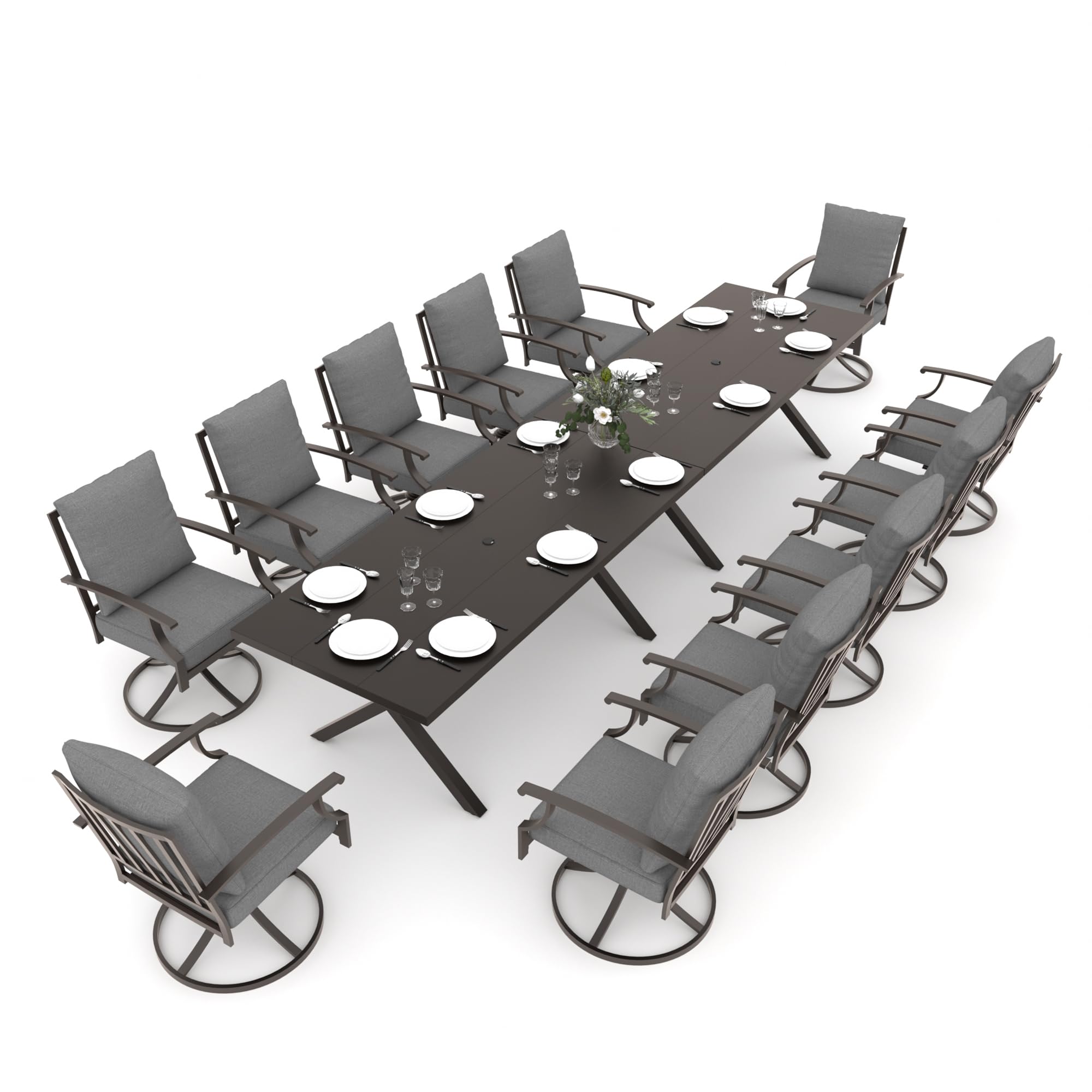 Gotland 14 Piece Outdoor Dining Set, Metal patio tables and 12 patio swivel chairs 1.5" Umbrella Hole, Patio Furniture Set with Waterproof Cushions for Backyard
