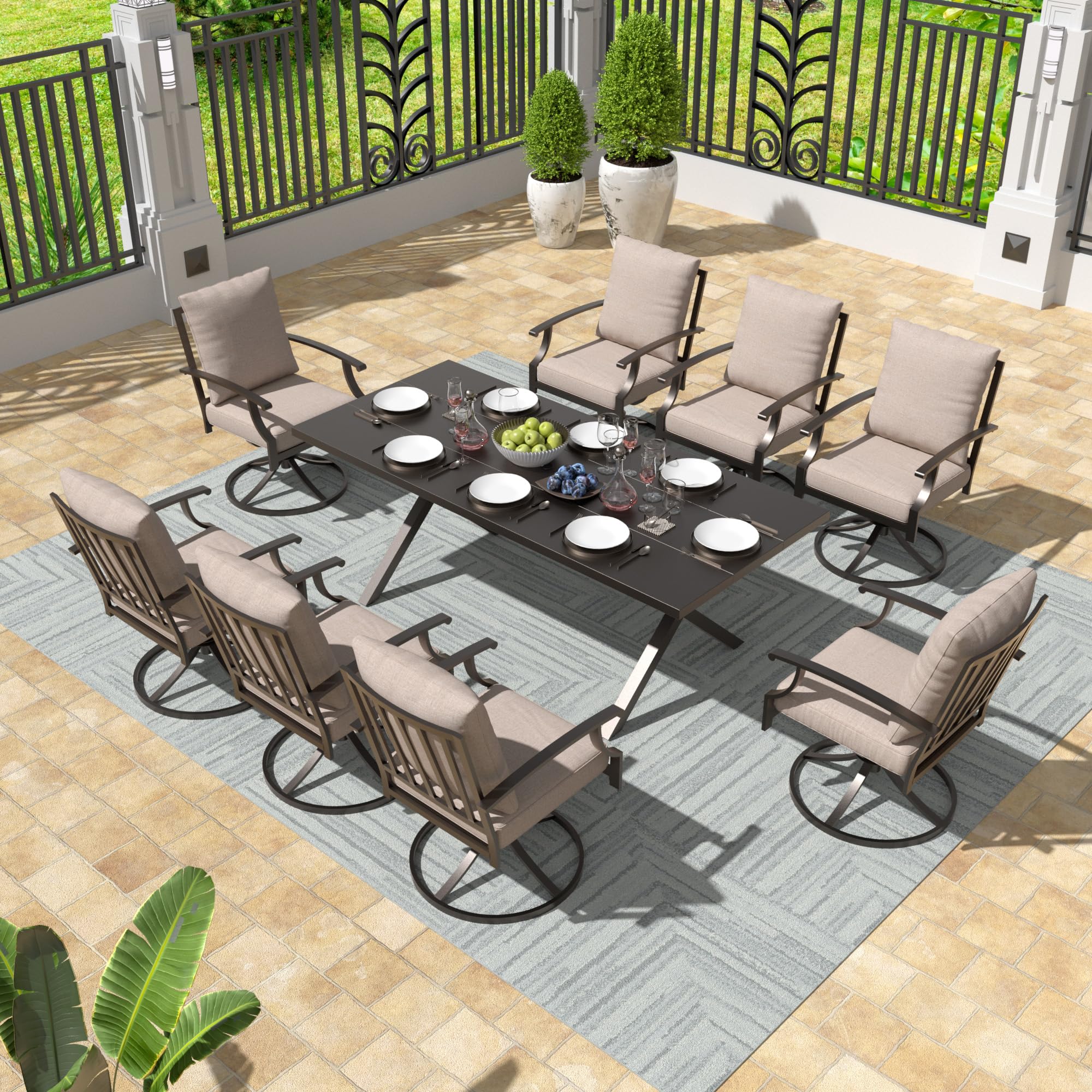 Gotland 9 Piece Outdoor Dining Set, Metal Outdoor Table and 8 Swivel Chairs , Patio Furniture Set with Waterproof Cushions, Patio Dining Sets for Backyard Deck