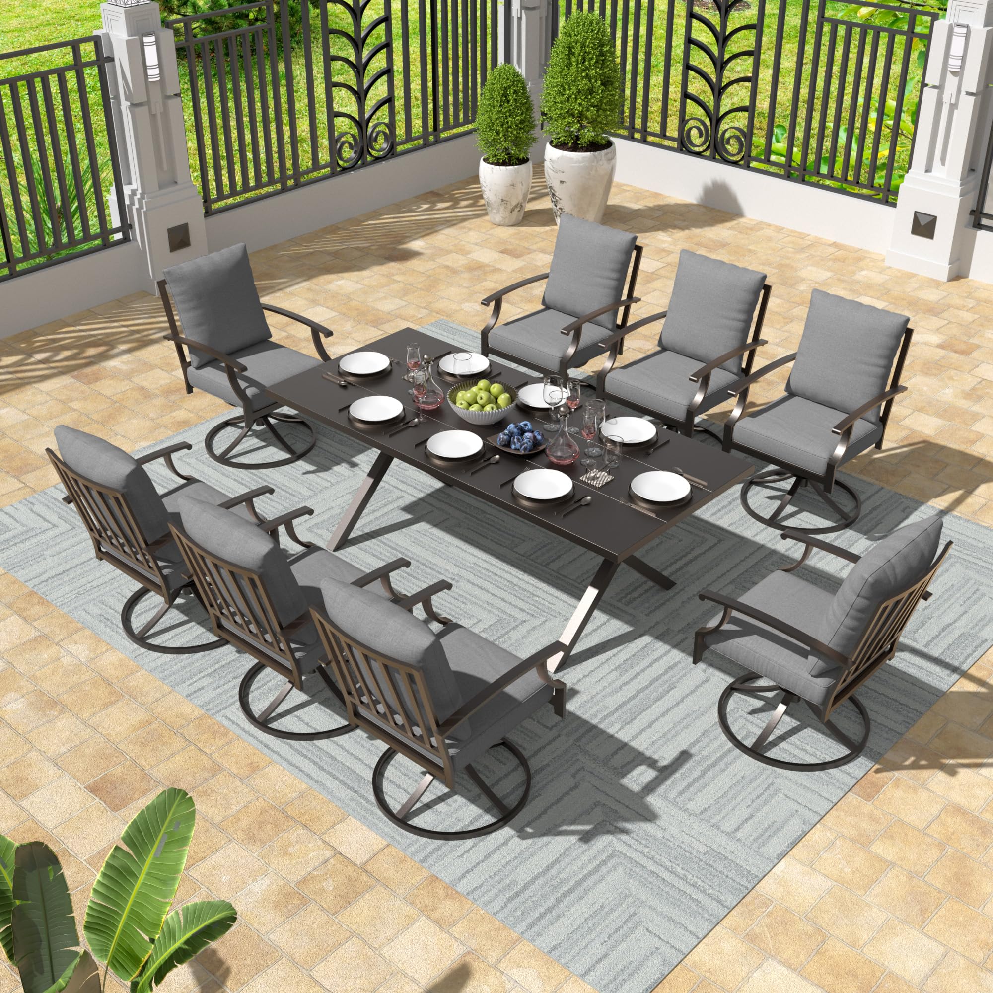 Gotland 9 Piece Outdoor Dining Set, Metal Outdoor Table and 8 Swivel Chairs , Patio Furniture Set with Waterproof Cushions, Patio Dining Sets for Backyard Deck