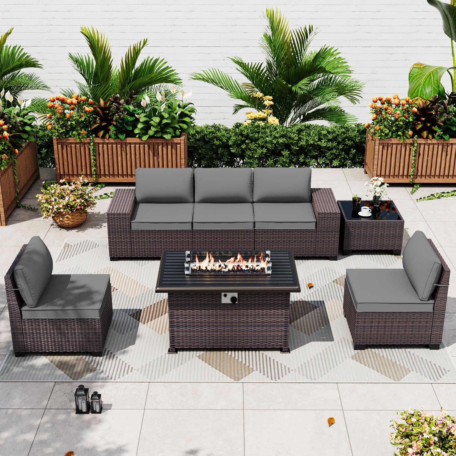 7 Pieces Outdoor Patio Furniture Set with 43" 55000BTU Gas Propane Fire Pit Table PE Wicker Rattan Sectional Sofa Patio Conversation Sets
