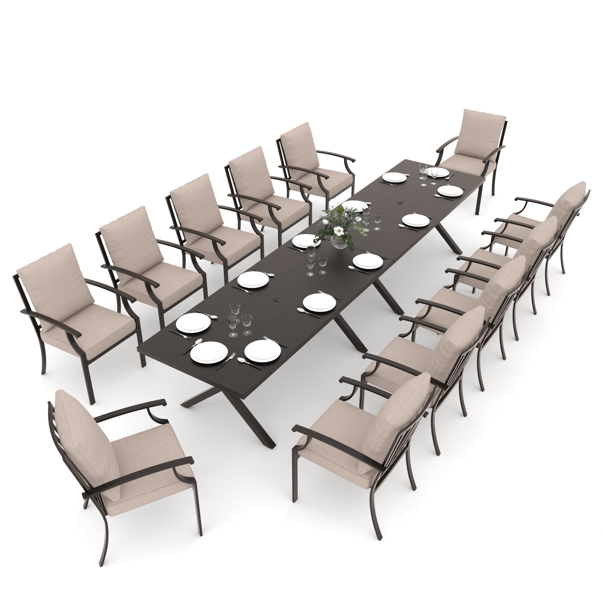 Gotland 14 Piece Outdoor Dining Set, Metal Outdoor Table and Chairs with X-Shaped Legs 1.5" Umbrella Hole, Patio Furniture Set with Waterproof Cushions,for Backyard Deck