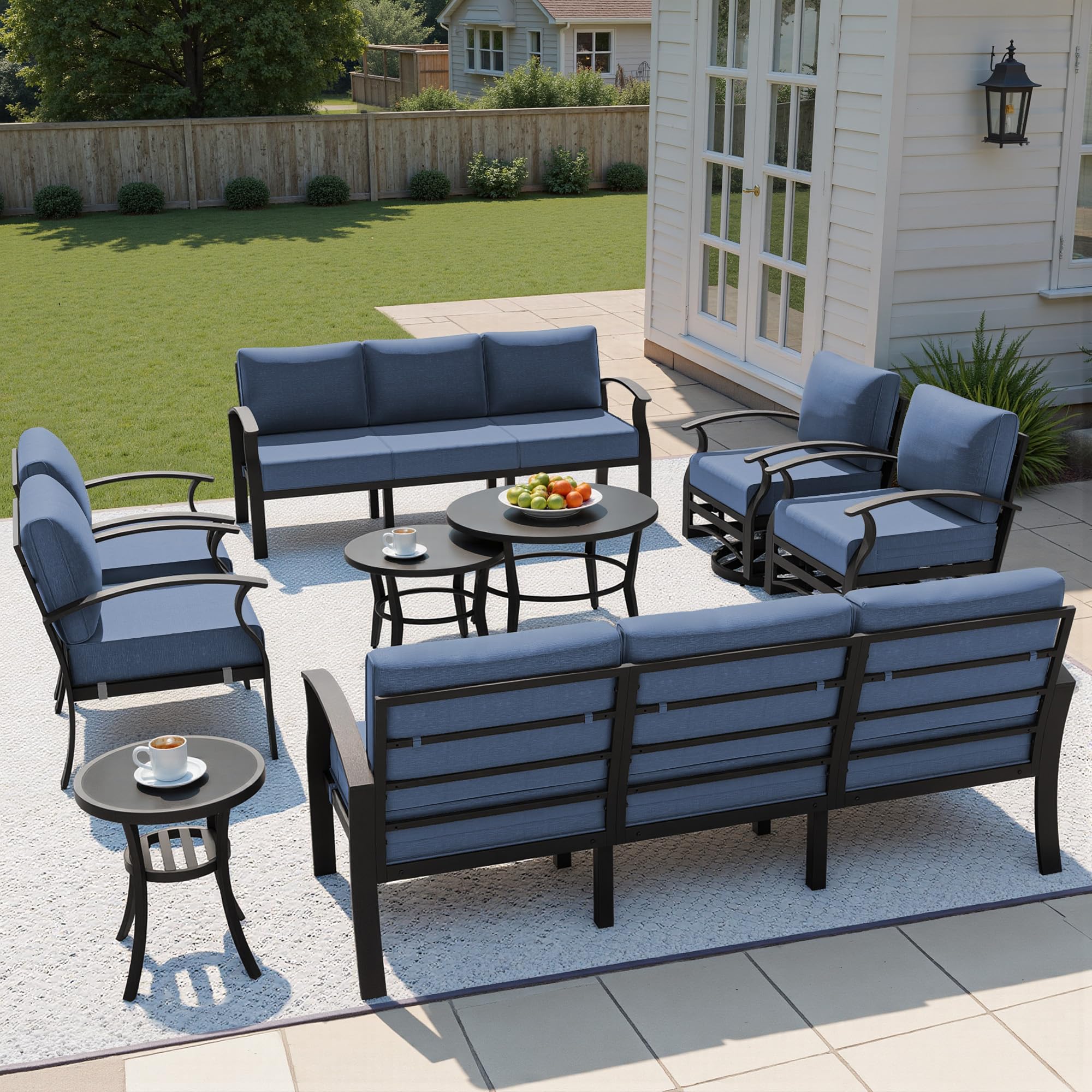 Gotland 10 PieceAluminum Patio Furniture Set,Modern Metal Outdoor Patio Furniture w/5.1'' Thick Cushion,Swivel Chairs and Round Coffee Table,Patio Conversation Sets for Porch,Deck