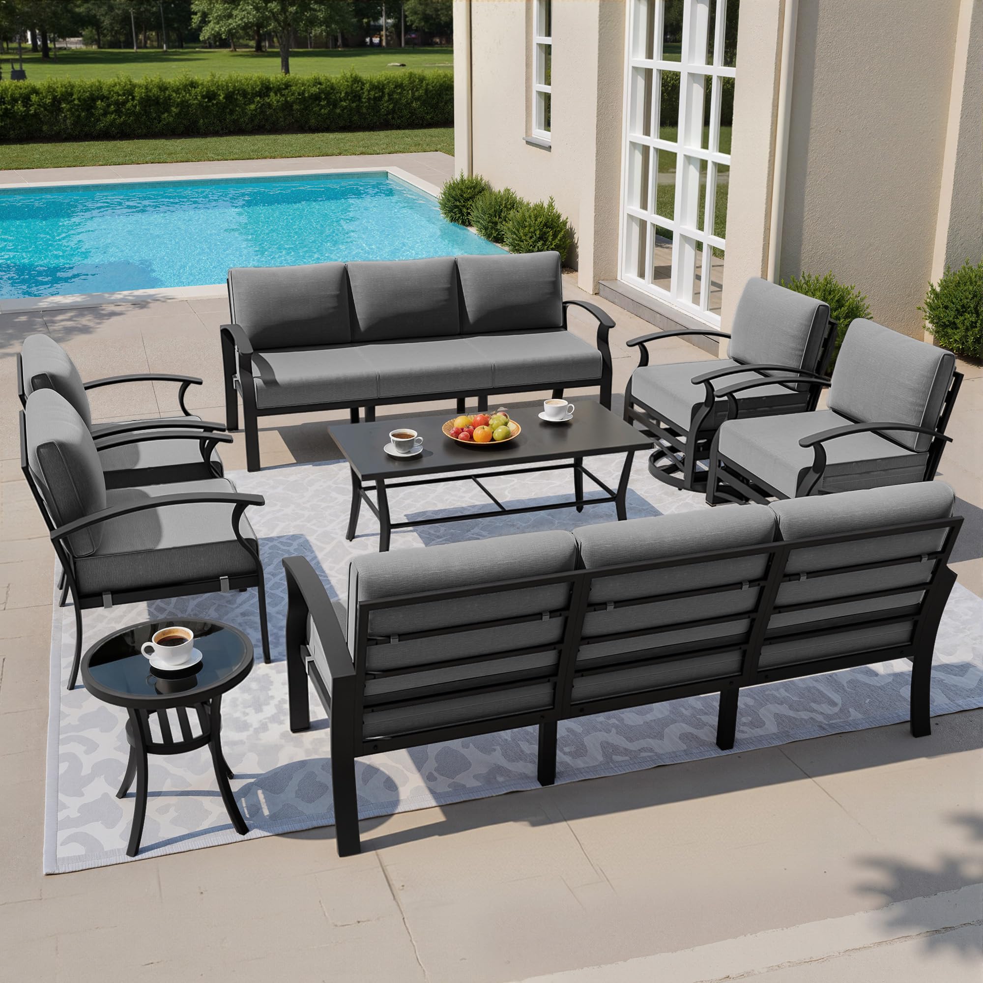 Gotland 10 PieceAluminum Patio Furniture Set,Modern Metal Outdoor Patio Furniture w/5.1'' Thick Cushion,Swivel Chairs and Rectangular Coffee Table,Patio Conversation Sets for Porch,Deck