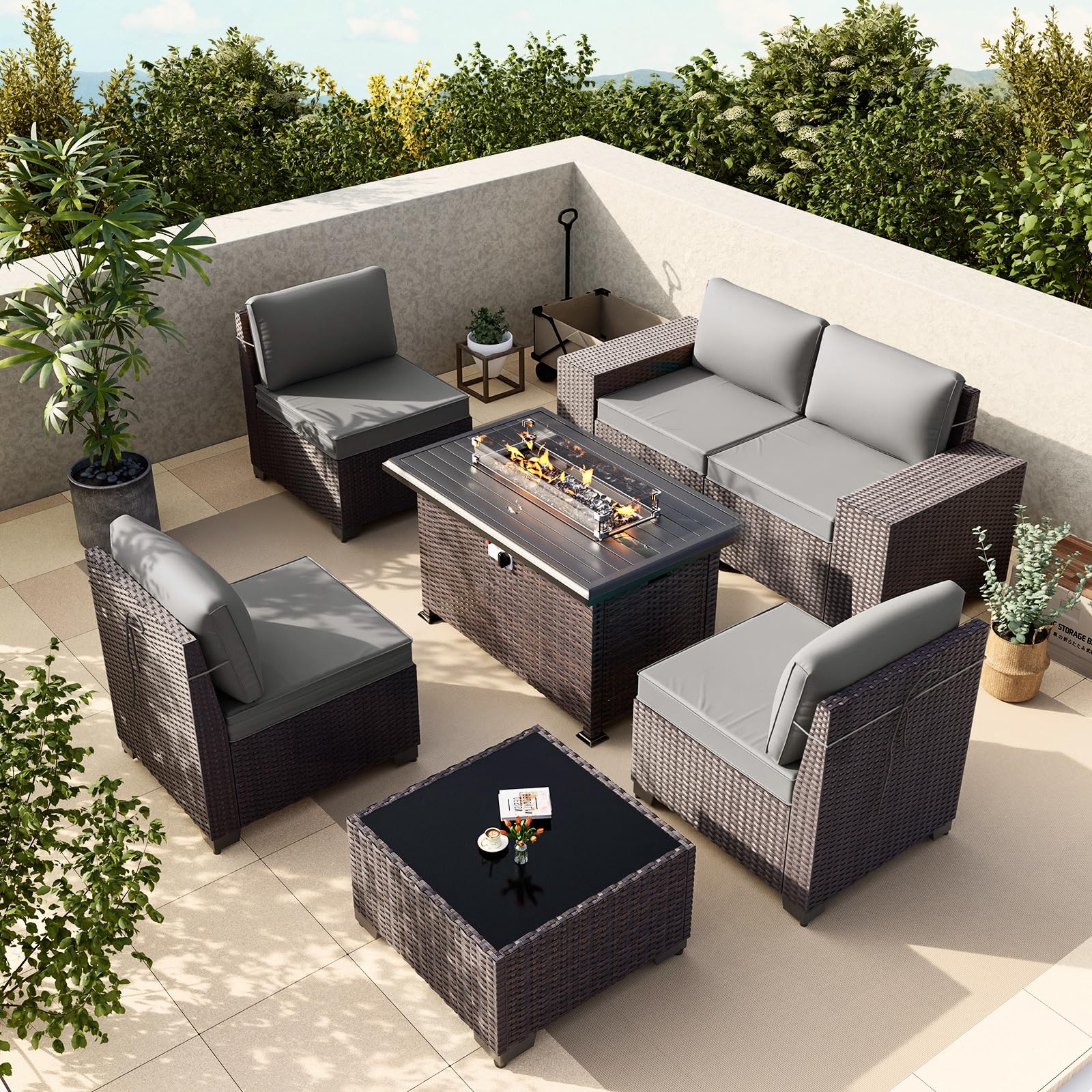 Gotland Outdoor Patio Furniture Set with 43" Propane Fire Pit Table, 7 Pieces Outdoor Furniture Patio Sectional Sofa Conversation Sets