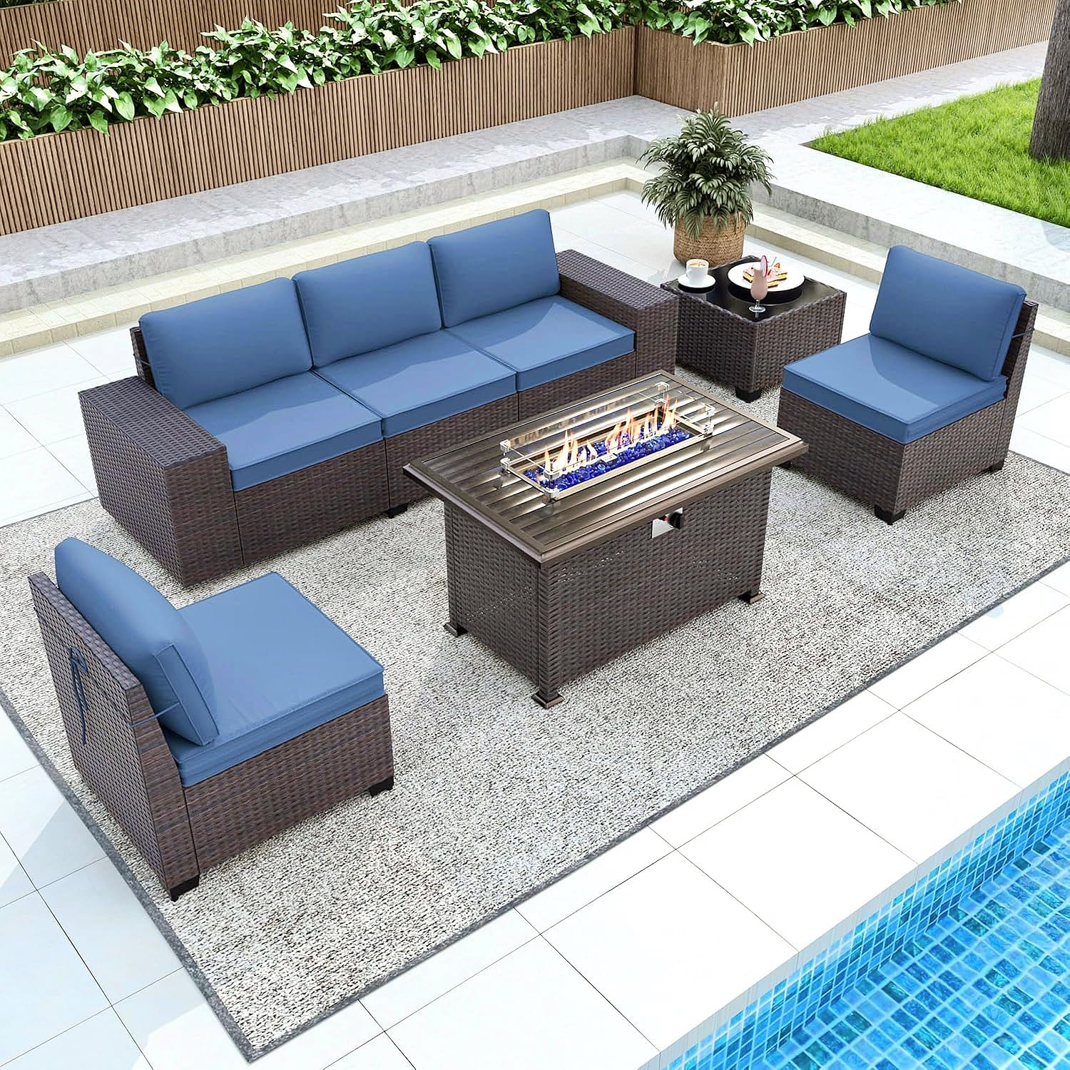 Gotland Outdoor Patio Furniture Set with 43" Propane Fire Pit Table, 7 Pieces Outdoor Furniture Patio Sectional Sofa Conversation Sets