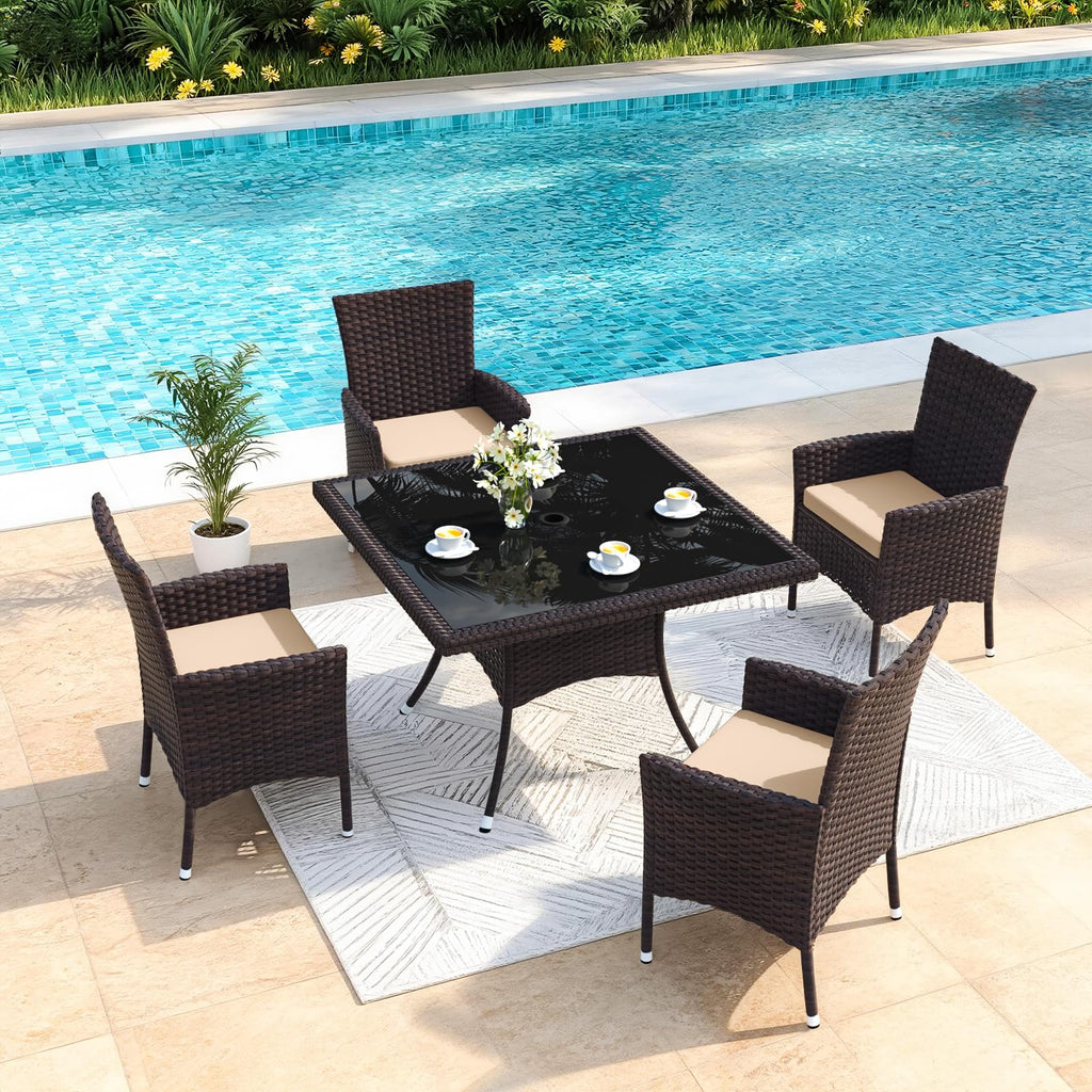 Kullavik 5-Piece Patio Outdoor Dining Set, Wicker Patio Furniture Set of 4 Rattan Chairs with Soft Cushions and Square Table with Umbrella Cutout
