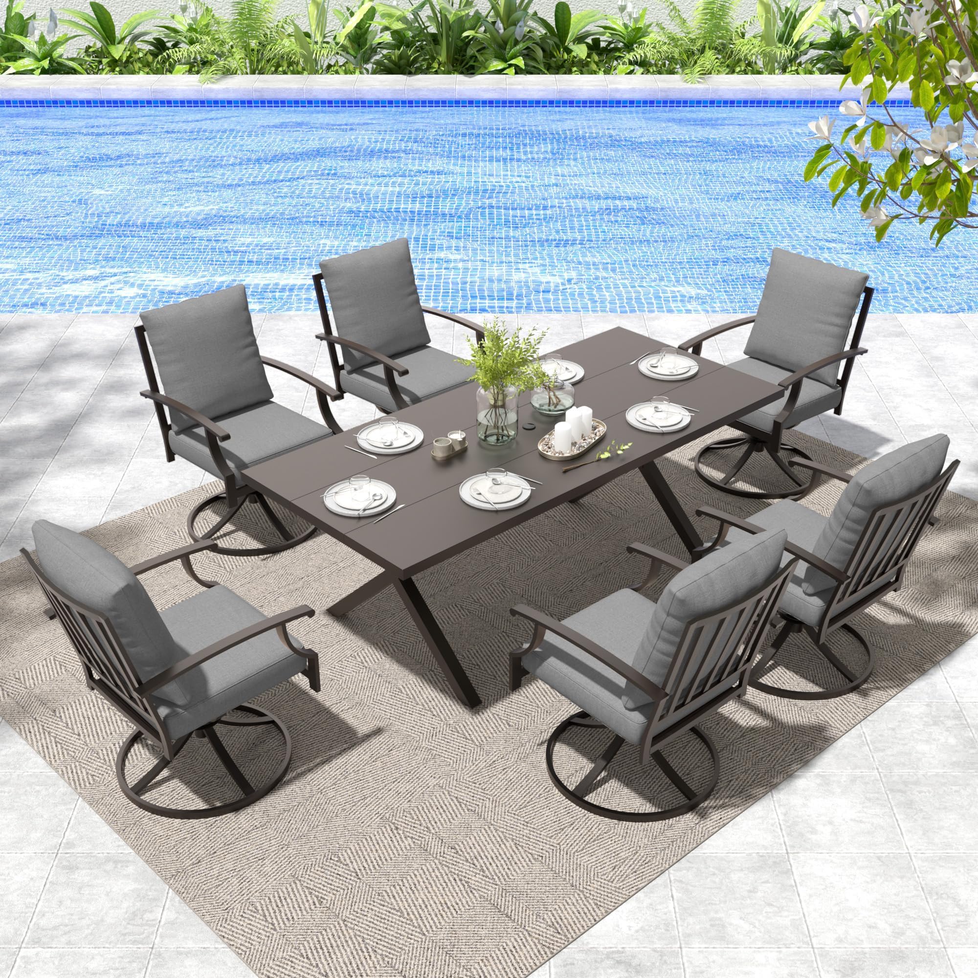 Gotland 7 Piece Outdoor Dining Set, Meta Swivel Chairs and Outdoor Table with X-Shaped Leg 1.5" Umbrella Hole, Patio Furniture Set for Backyard Deck