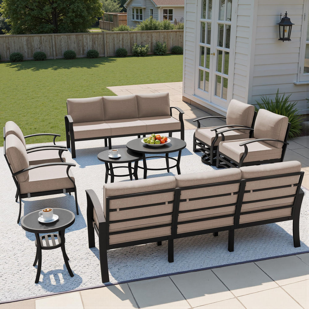 Gotland 10 PieceAluminum Patio Furniture Set,Modern Metal Outdoor Patio Furniture w/5.1'' Thick Cushion,Swivel Chairs and Round Coffee Table,Patio Conversation Sets for Porch,Deck