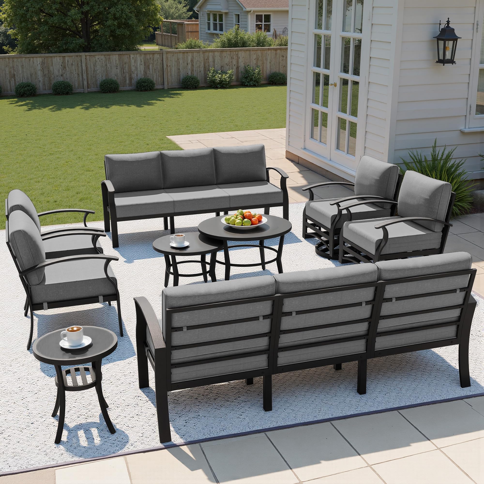 Gotland 10 PieceAluminum Patio Furniture Set,Modern Metal Outdoor Patio Furniture w/5.1'' Thick Cushion,Swivel Chairs and Round Coffee Table,Patio Conversation Sets for Porch,Deck