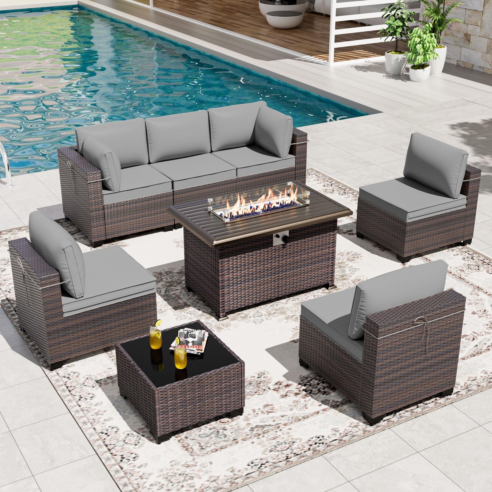 Gotland 8 Pieces Outdoor Patio Furniture Set with 43" Propane Fire Pit Table, PE Rattan Patio Conversation Set