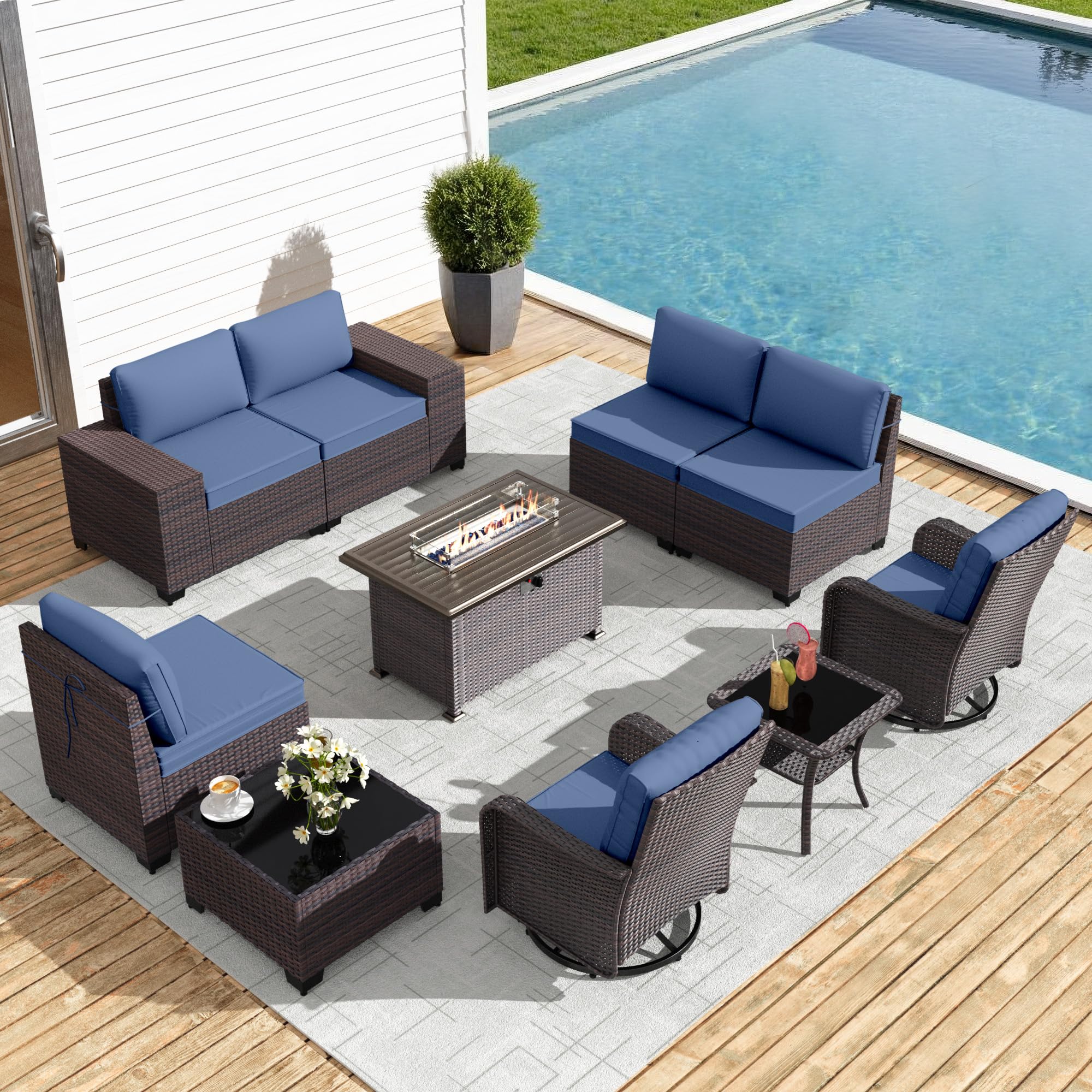 Gotland 10PCS Outdoor PE Rattan Wicker Patio Furniture Set with 43" Fire Pit Table & Swivel Rocking Chairs Set