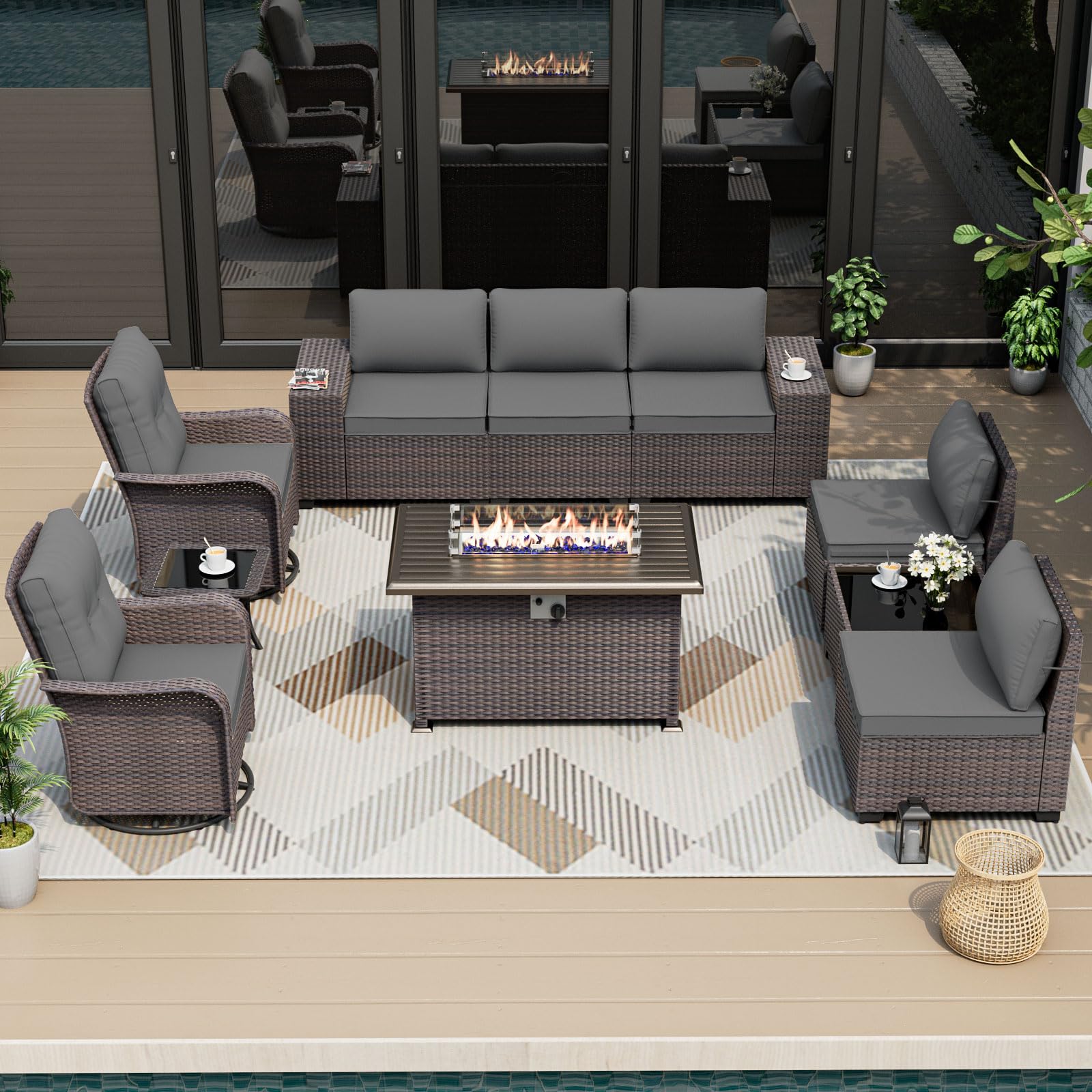 10PCS Outdoor Patio Furniture Set,PE Wicker Rattan Sectional Sofa Patio Conversation Sets with 43" 55000BTU Gas Propane Fire Pit Table,Swivel Rocking Chairs Set