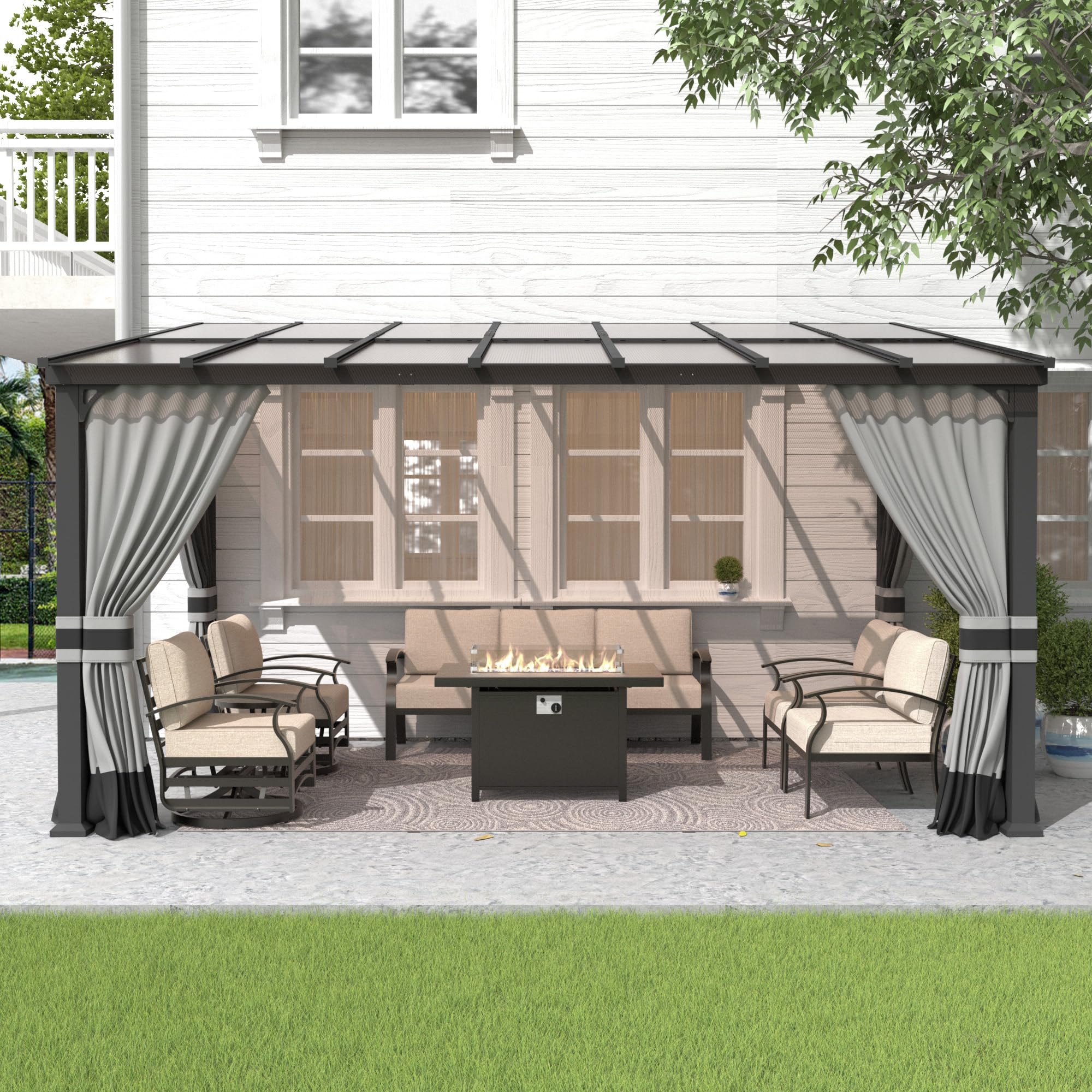 Gotland 10' × 14' Hardtop Gazebo for Patio,Wall-Mounted Lean to Gazebo Pergola with Sloping Roof and Durable Steel Frame,Large Heavy Duty Awnings for Decks,Backyard