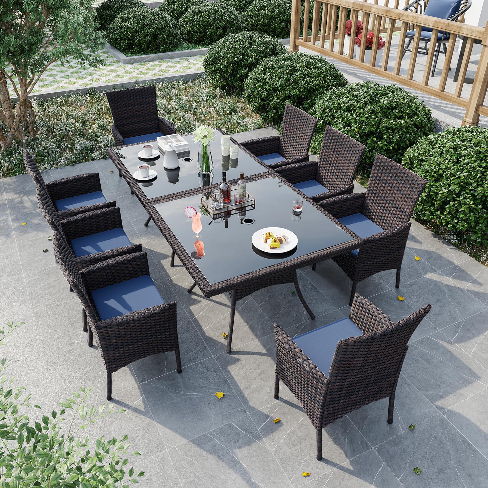 Gotland Outdoor Dining Table Set, Garden Patio Rattan Set with w/Tempered Glass Tabletop with Removable Cushions and Umbrella Cutout for Patio, Backyard