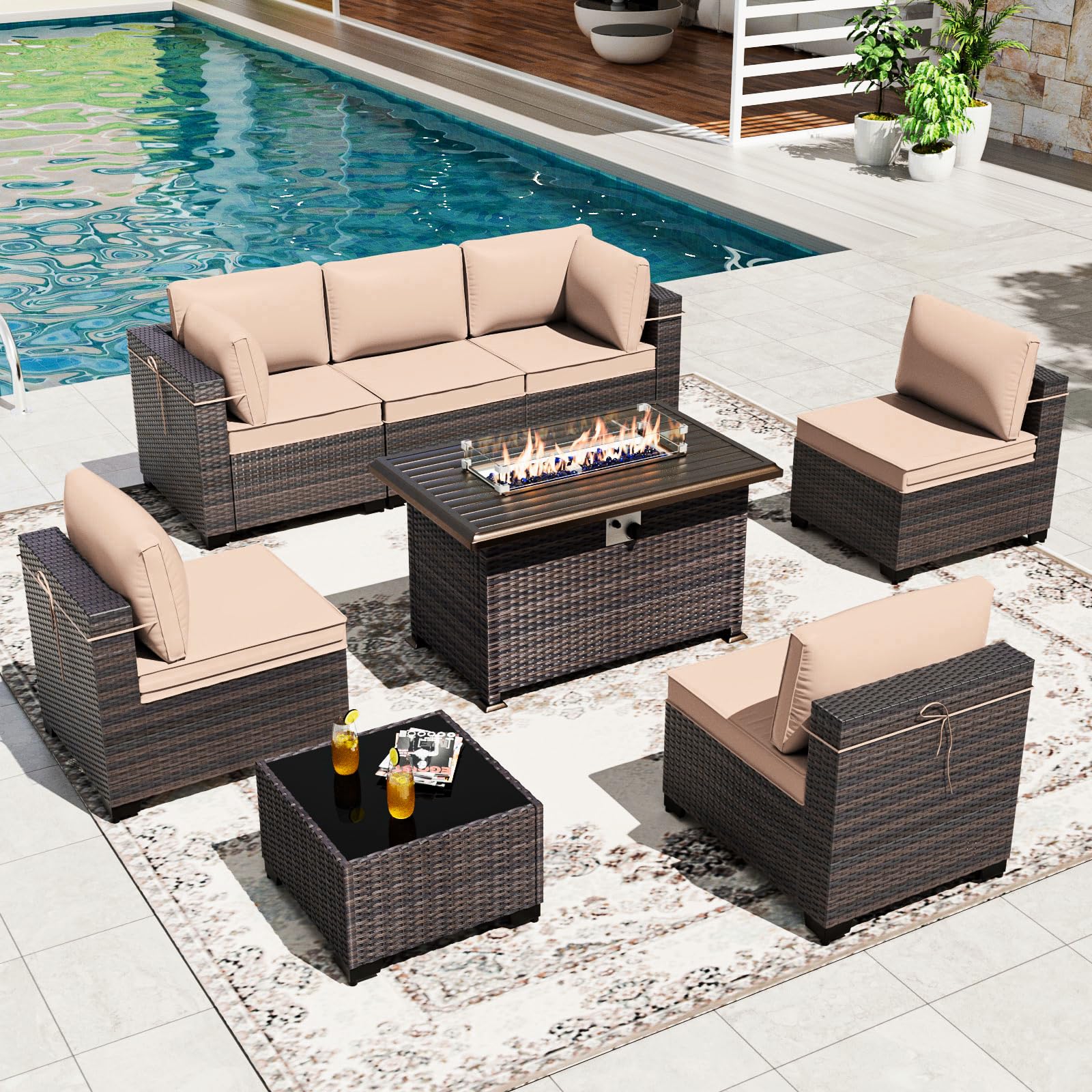 Gotland 8 Pieces Outdoor Patio Furniture Set with 43" Propane Fire Pit Table, PE Rattan Patio Conversation Set