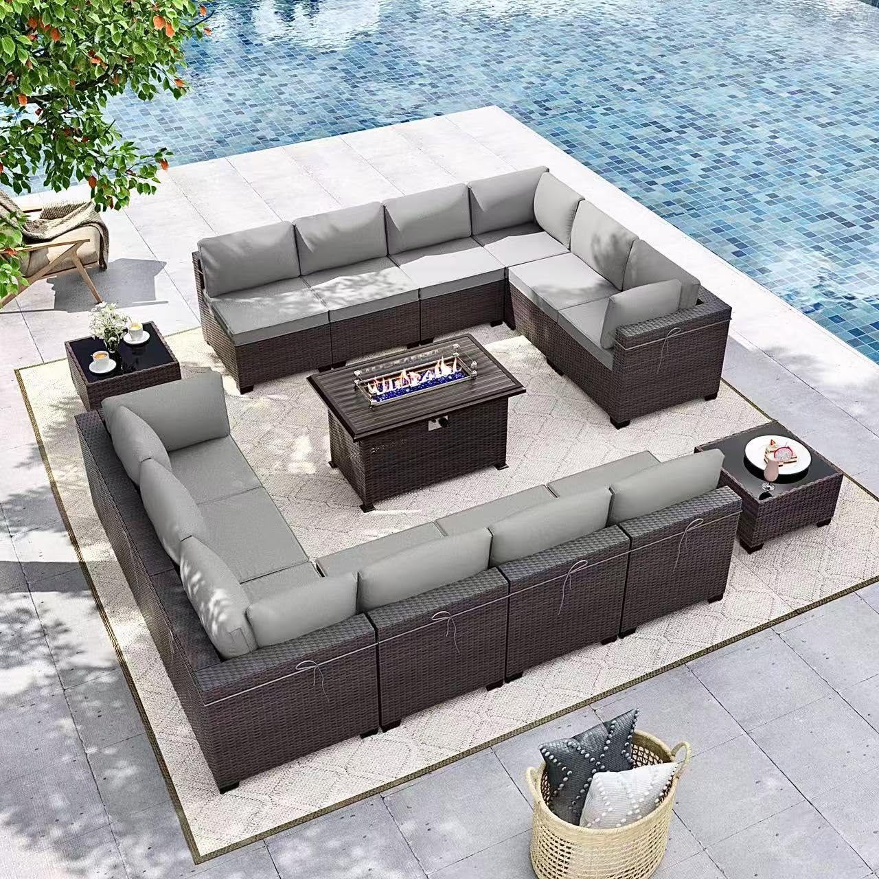 Gotland 15 Pieces Outdoor Patio Furniture Set with Propane Fire Pit Table Outdoor Sectional Sofa