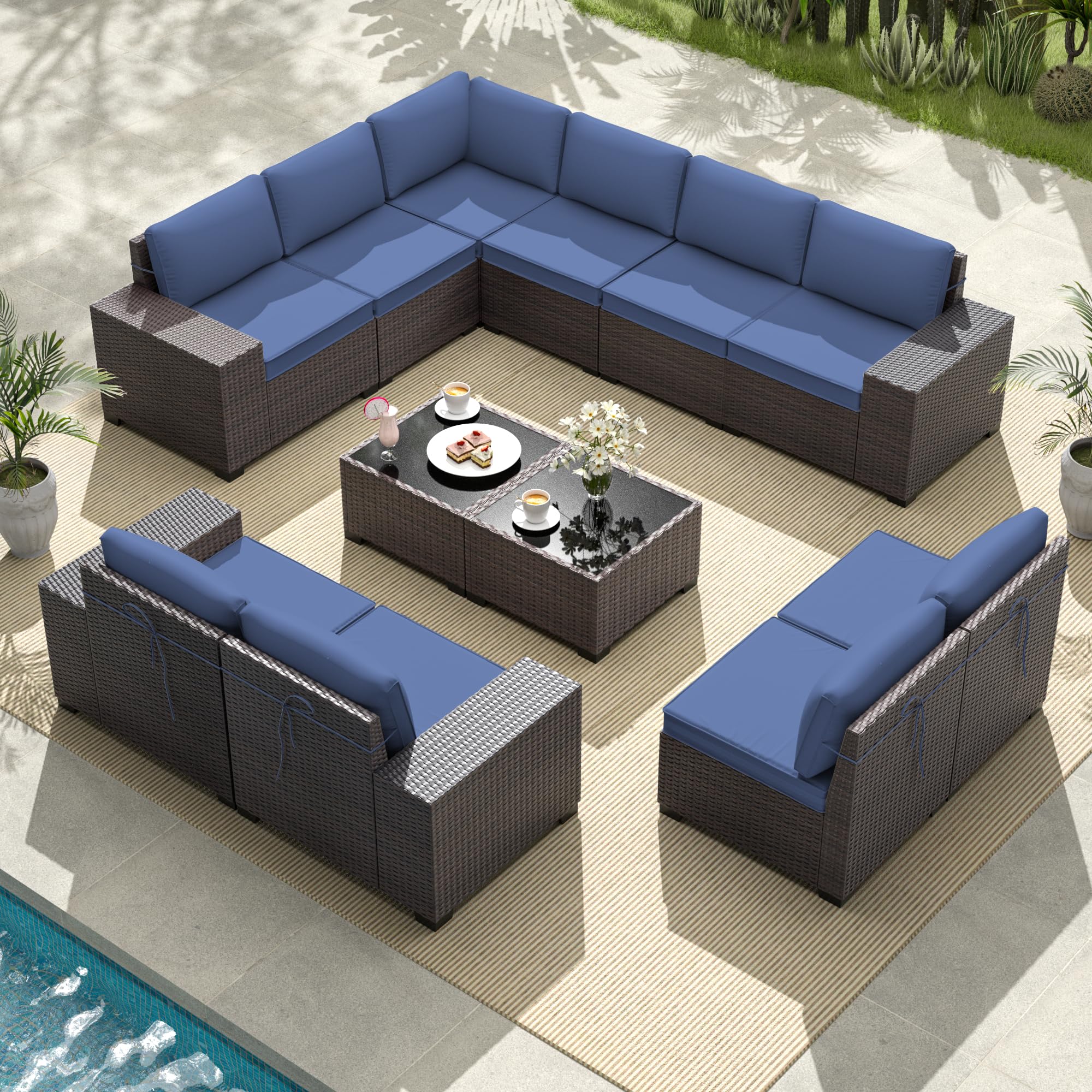 Gotland Outdoor Patio Furniture Sectional Conversation Set 12Pcs Rattan Wicker 10 Cushion Table